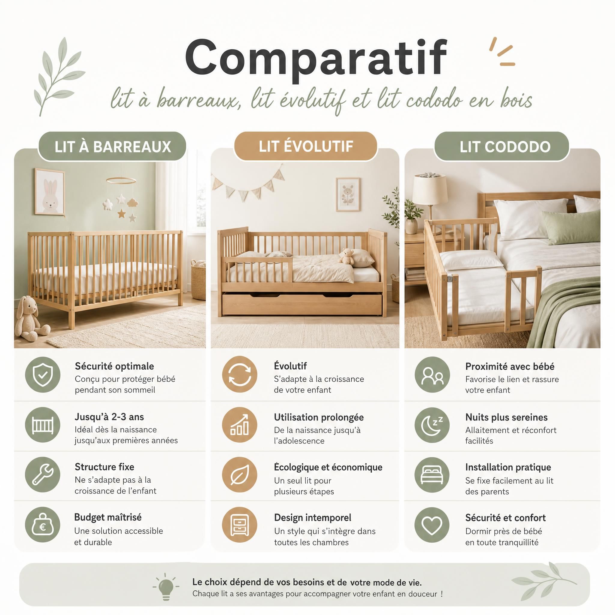 Comparatif lit à barreaux bébé, lit évolutif et lit cododo en bois
