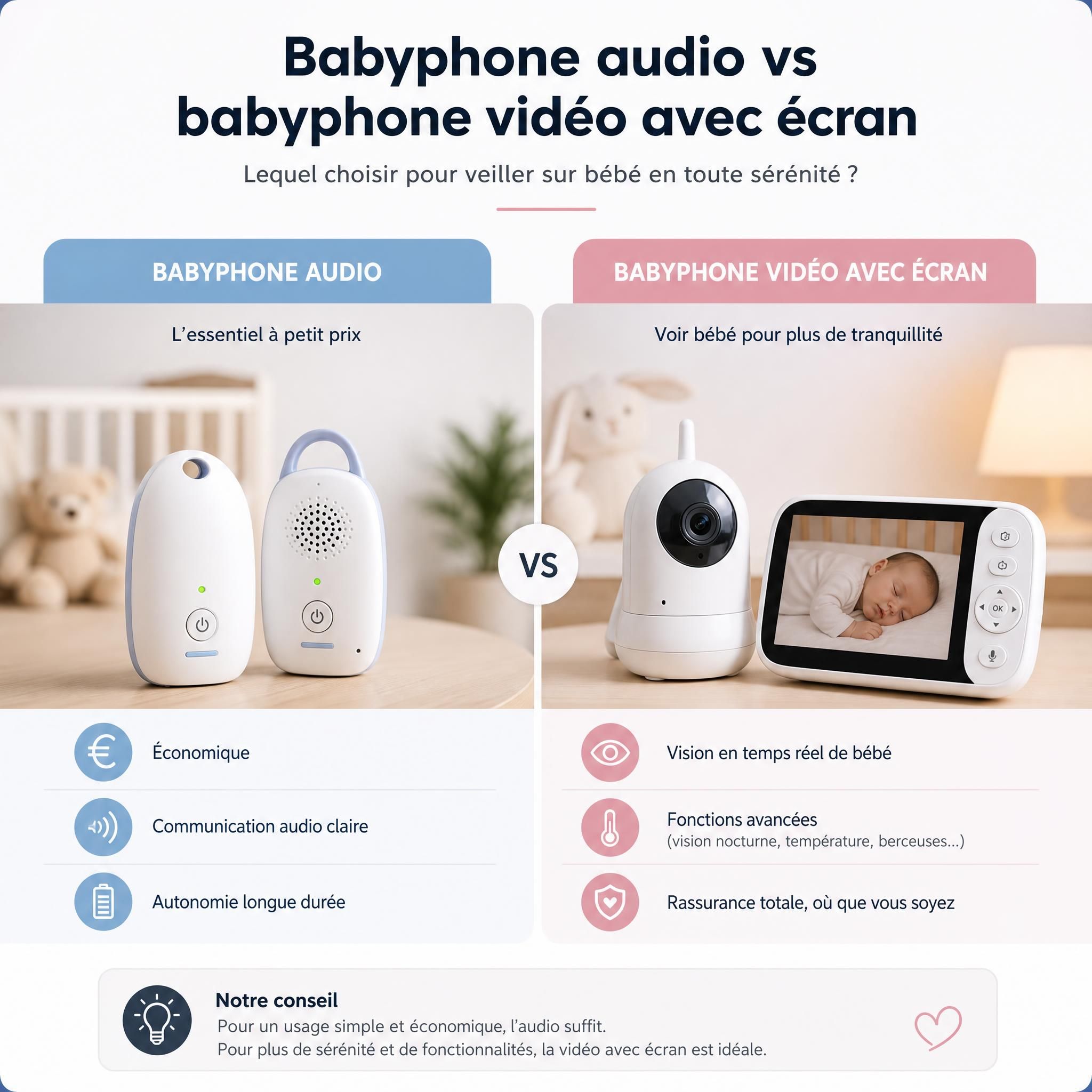 Comparatif babyphone audio et babyphone vidéo avec écran pour bébé