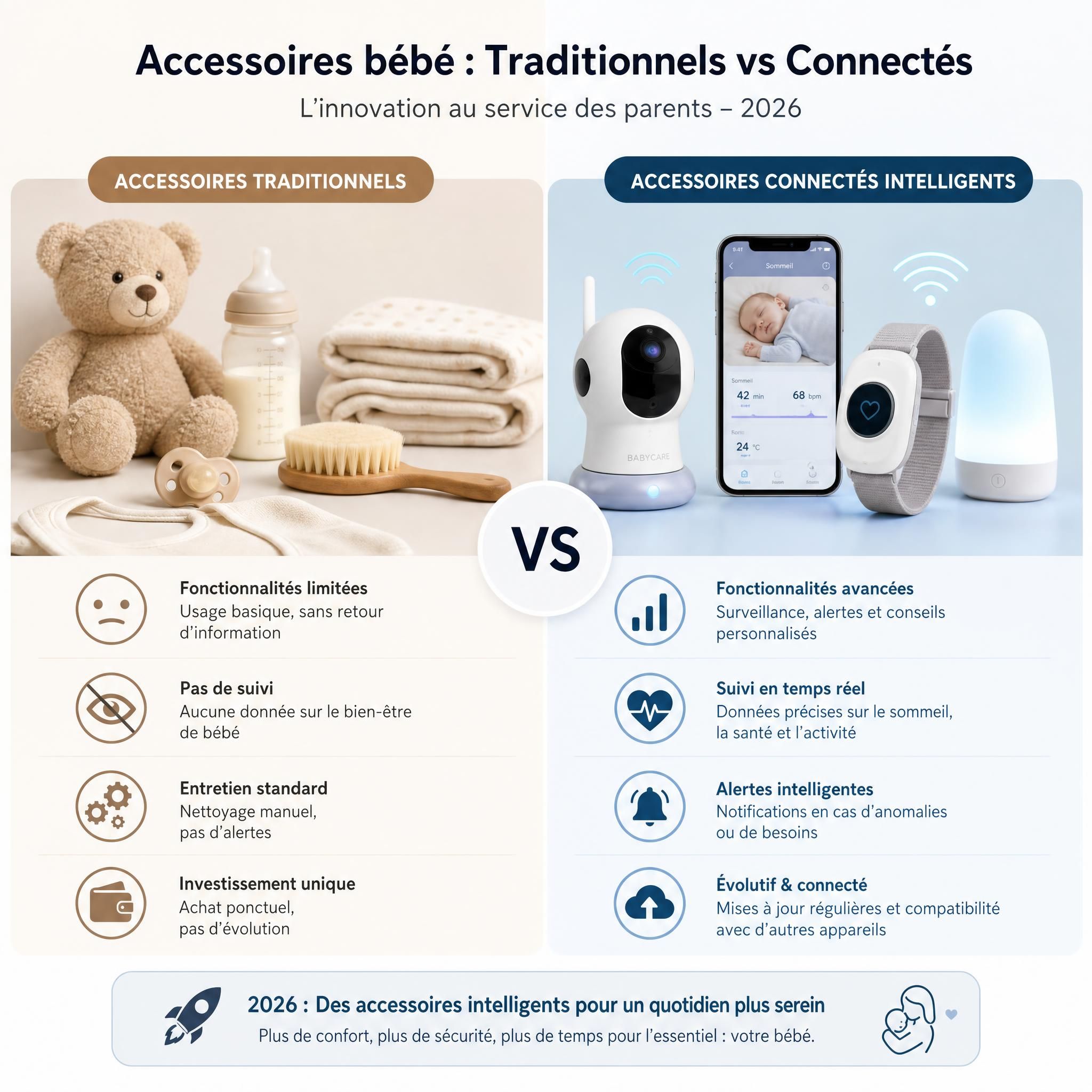 Comparaison visuelle entre accessoires bébé traditionnels et accessoires connectés intelligents – innovation 2026