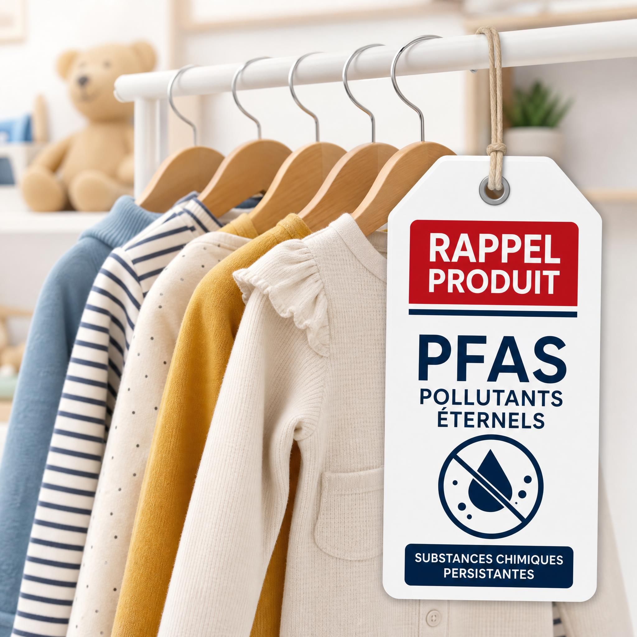 Vêtements bébé et enfant sur cintre avec étiquette de rappel produit PFAS polluants éternels