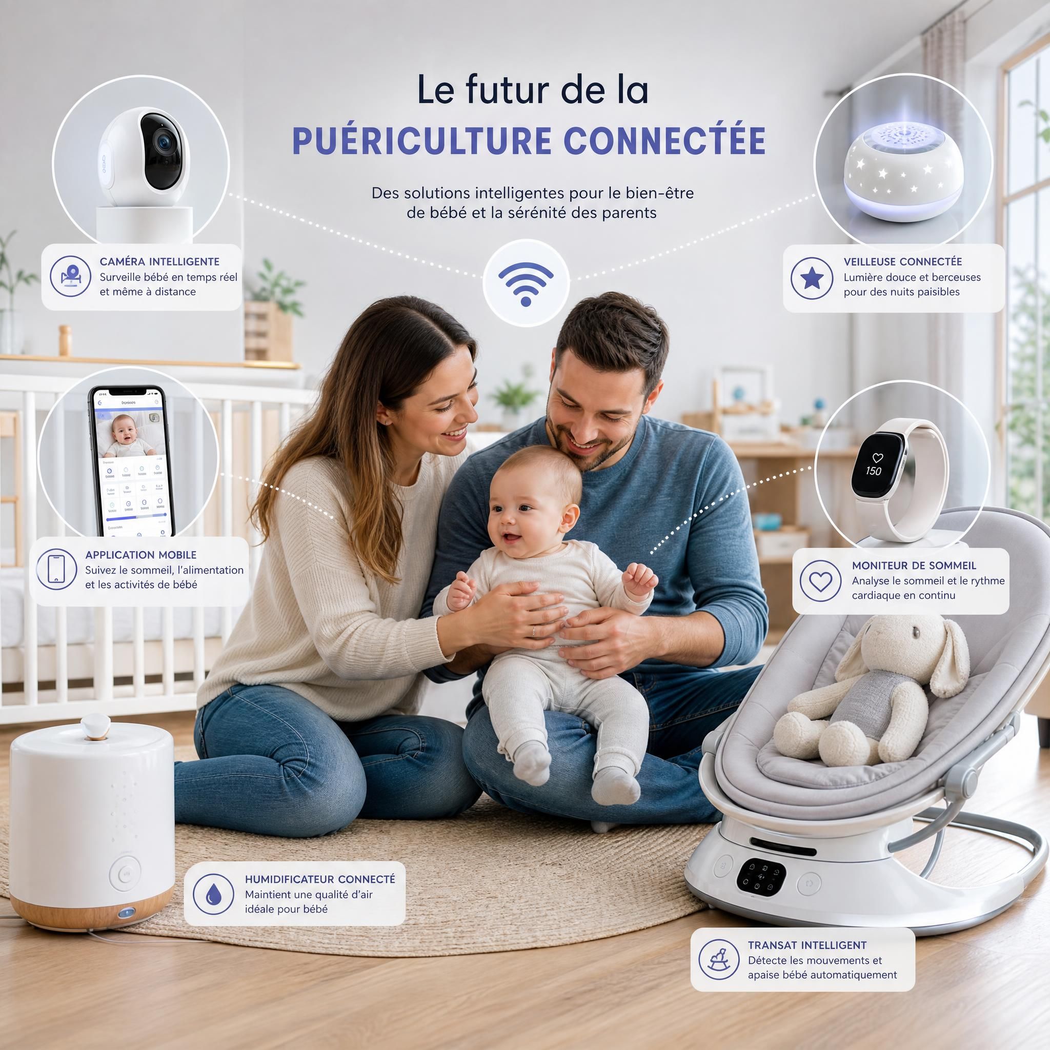 Futur de la puériculture connectée – parents et bébé entourés d'accessoires intelligents et innovants