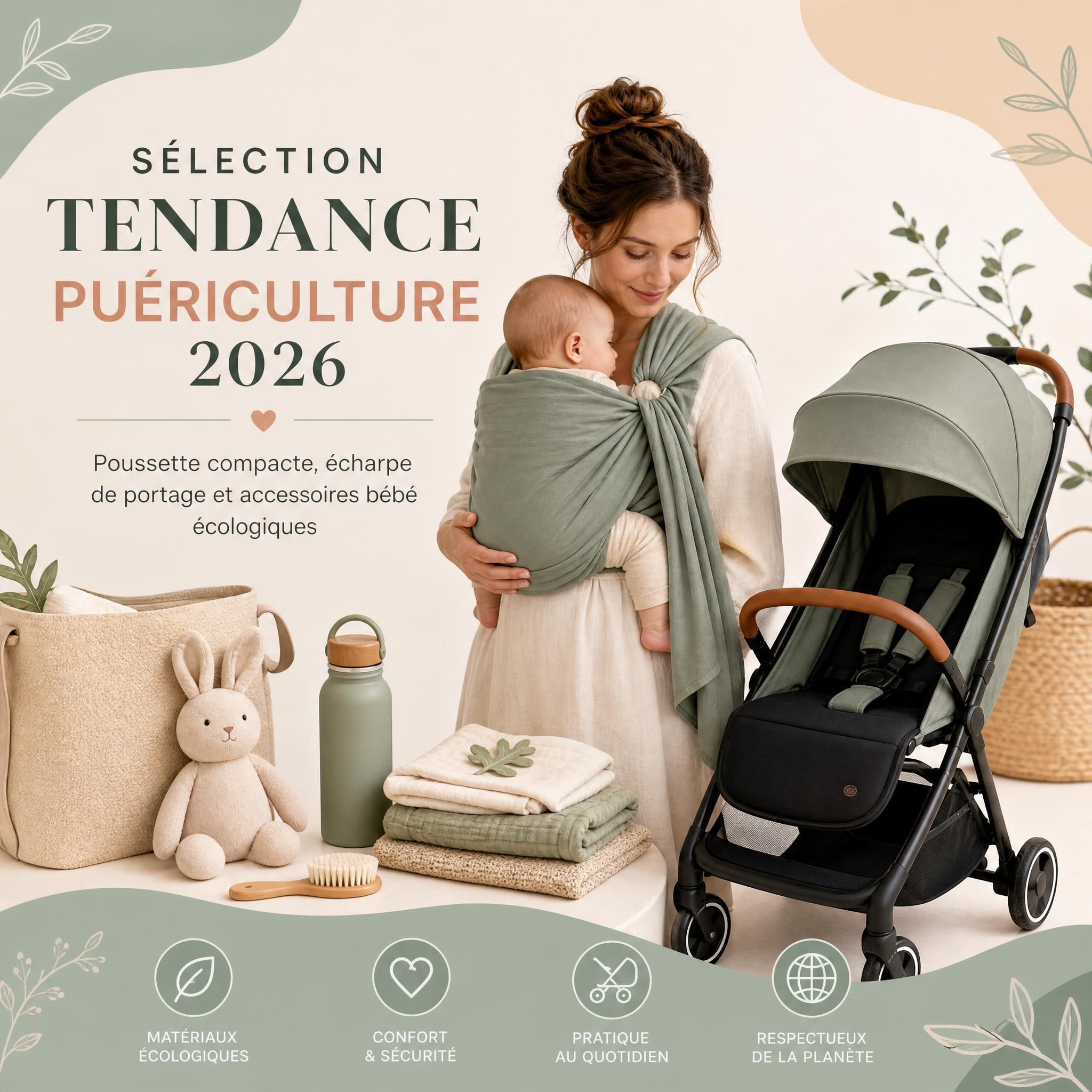 Sélection tendance puériculture 2026 : poussette compacte, écharpe de portage et accessoires bébé écologiques sur fond pastel