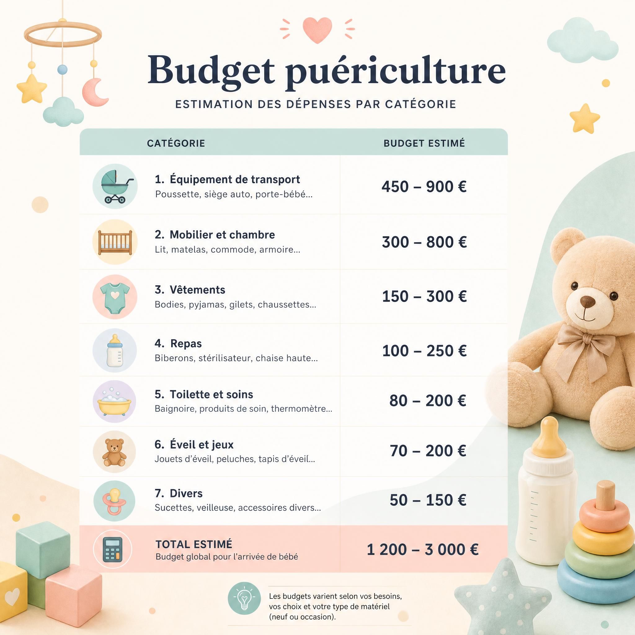 Tableau de budget puériculture illustré avec icônes bébé et montants par catégorie sur fond pastel