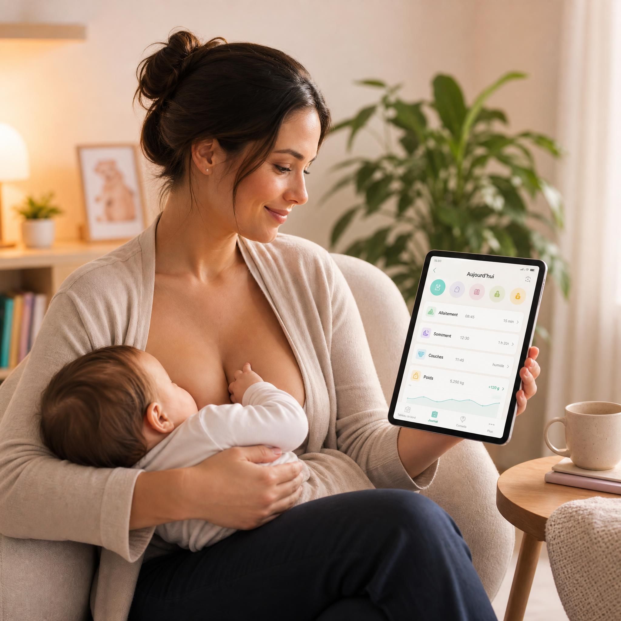 Maman allaitant son bébé tout en consultant une application de suivi sur sa tablette, ambiance chaleureuse et sereine