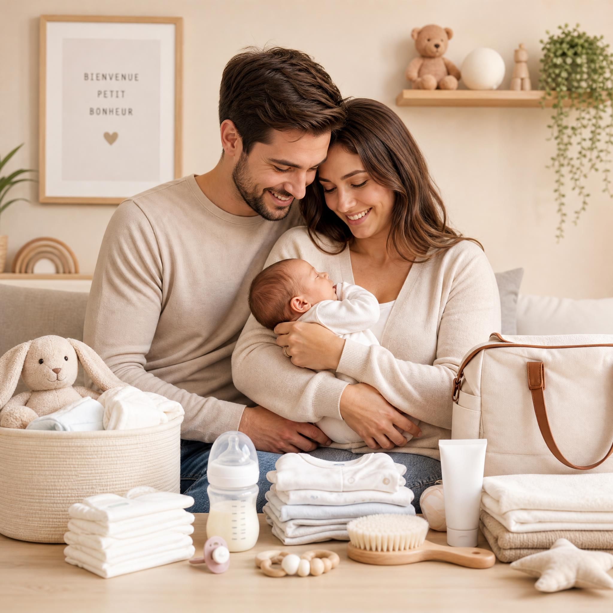 Jeunes parents souriants tenant leur nouveau-né entouré d'accessoires bébé essentiels sur un fond doux et chaleureux