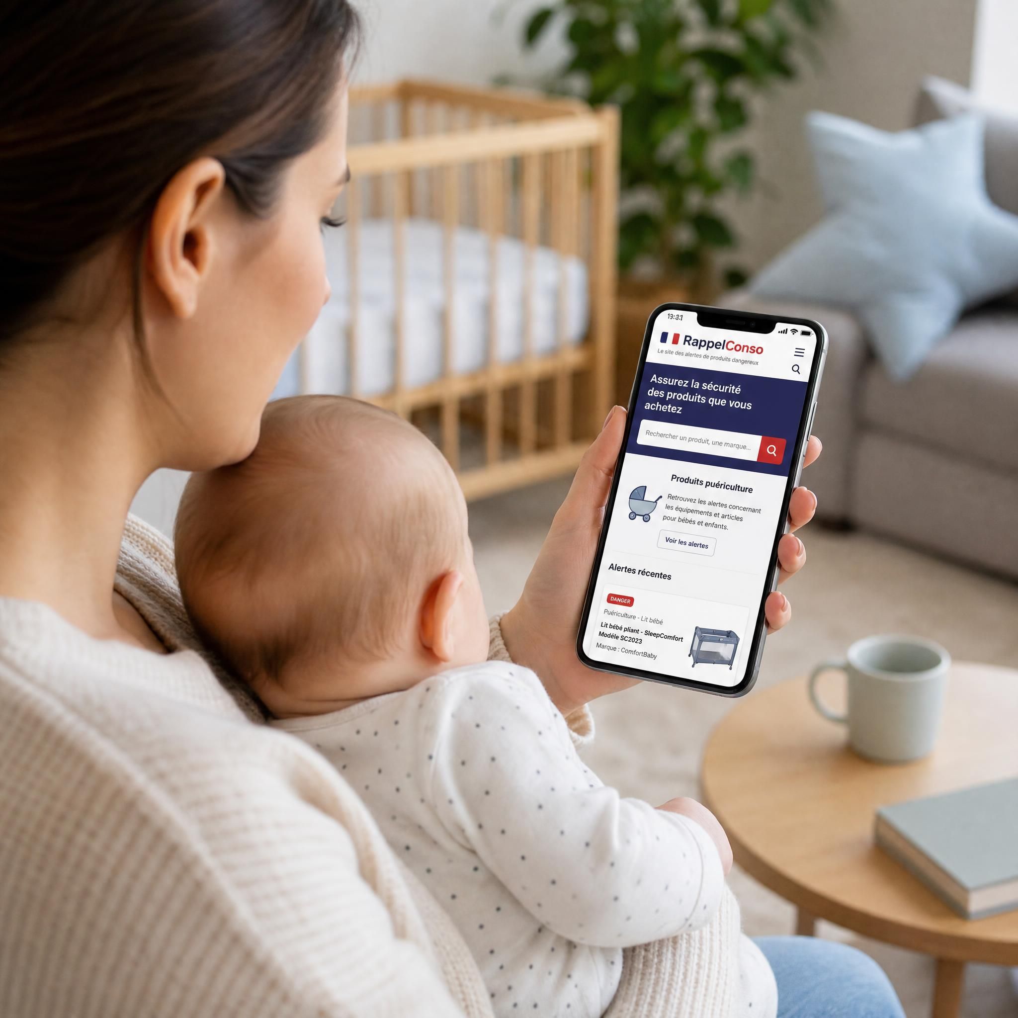 Parent consultant le site RappelConso sur smartphone avec son bébé dans les bras, vérifiant la sécurité d'un produit puériculture