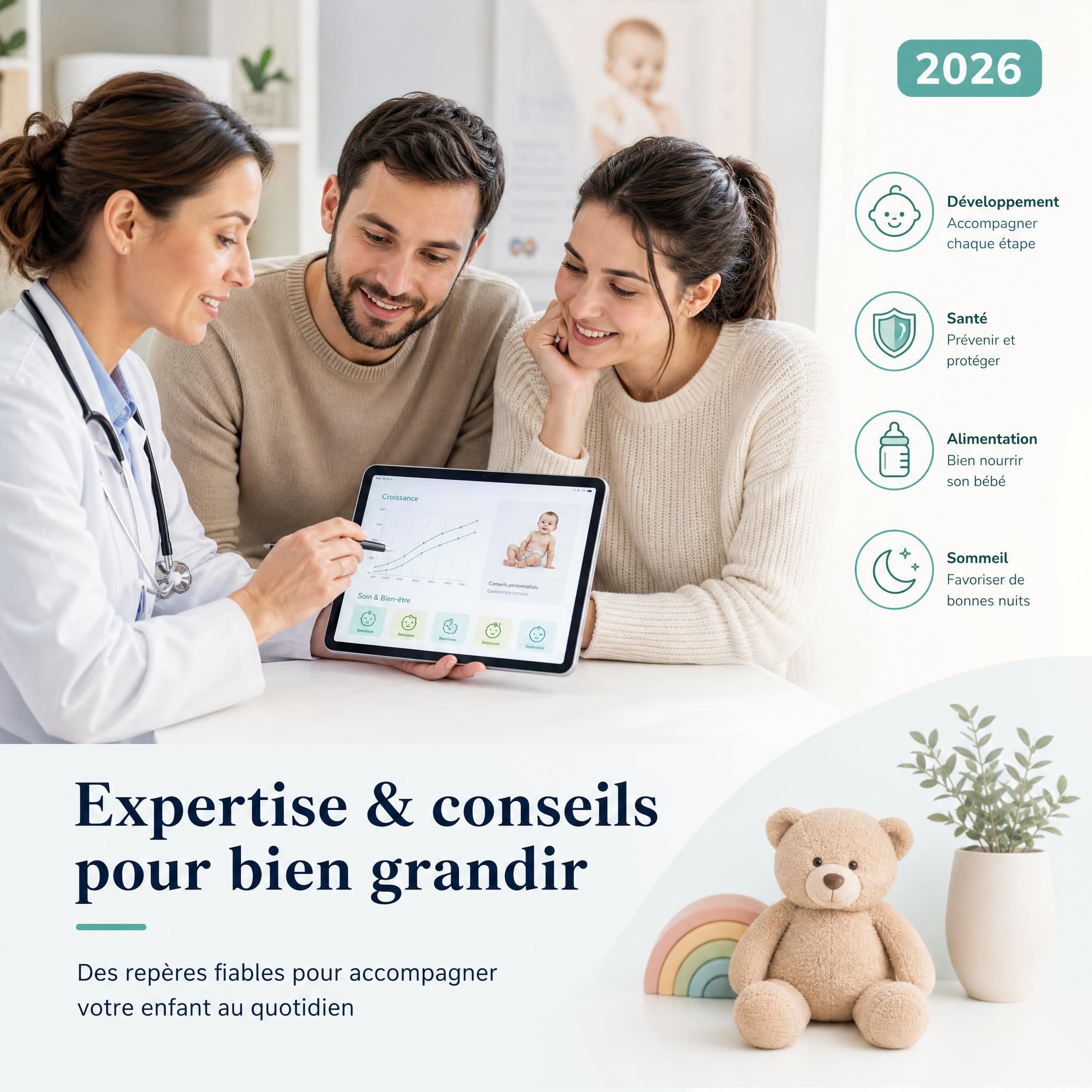 Pédiatre et jeunes parents consultant des données sur tablette – expertise et conseils puériculture 2026