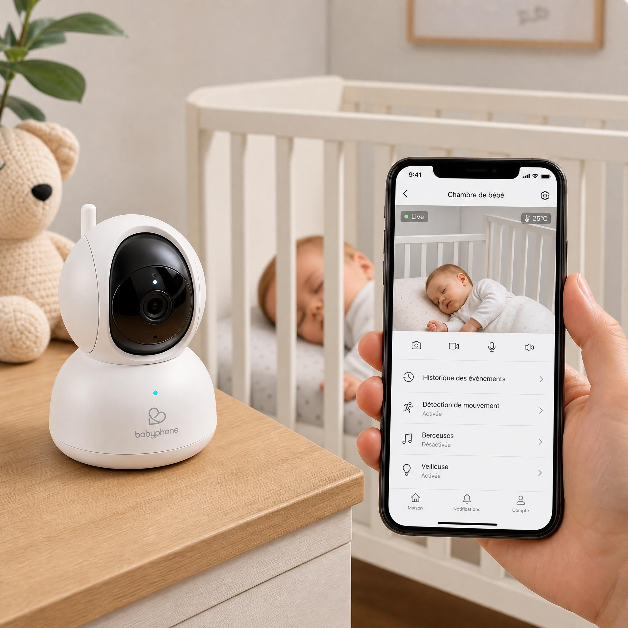 babyphone vidéo connecté posé près d'un lit de bébé avec application smartphone affichant la surveillance en temps réel