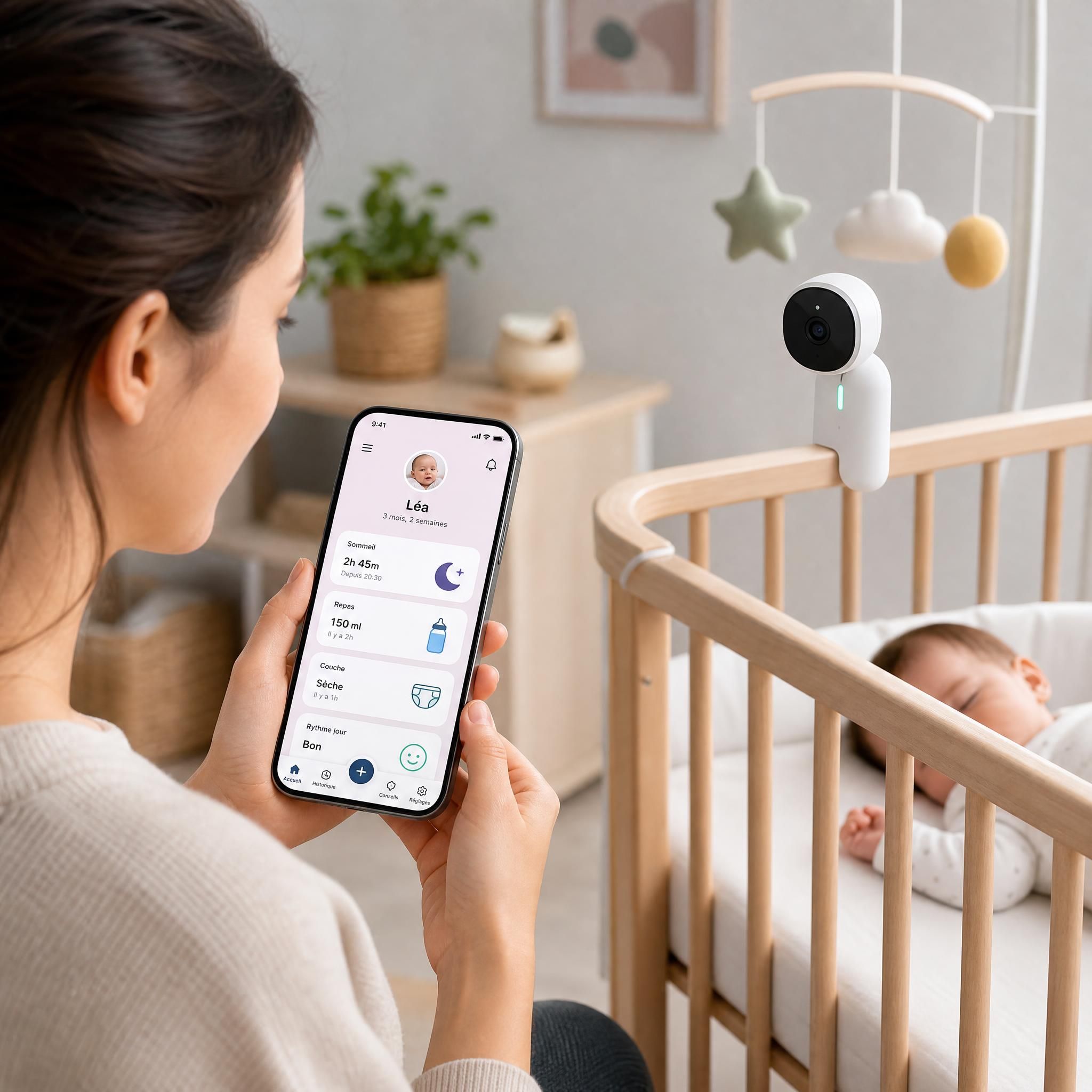 Parent utilisant une application mobile de suivi bébé sur smartphone à côté d'un berceau connecté
