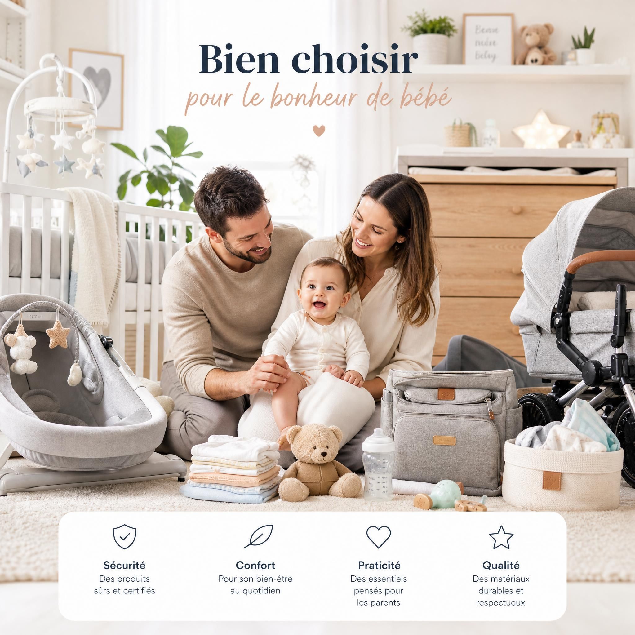 Famille heureuse parents et bébé entourés d'accessoires bébé bien choisis chambre lumineuse