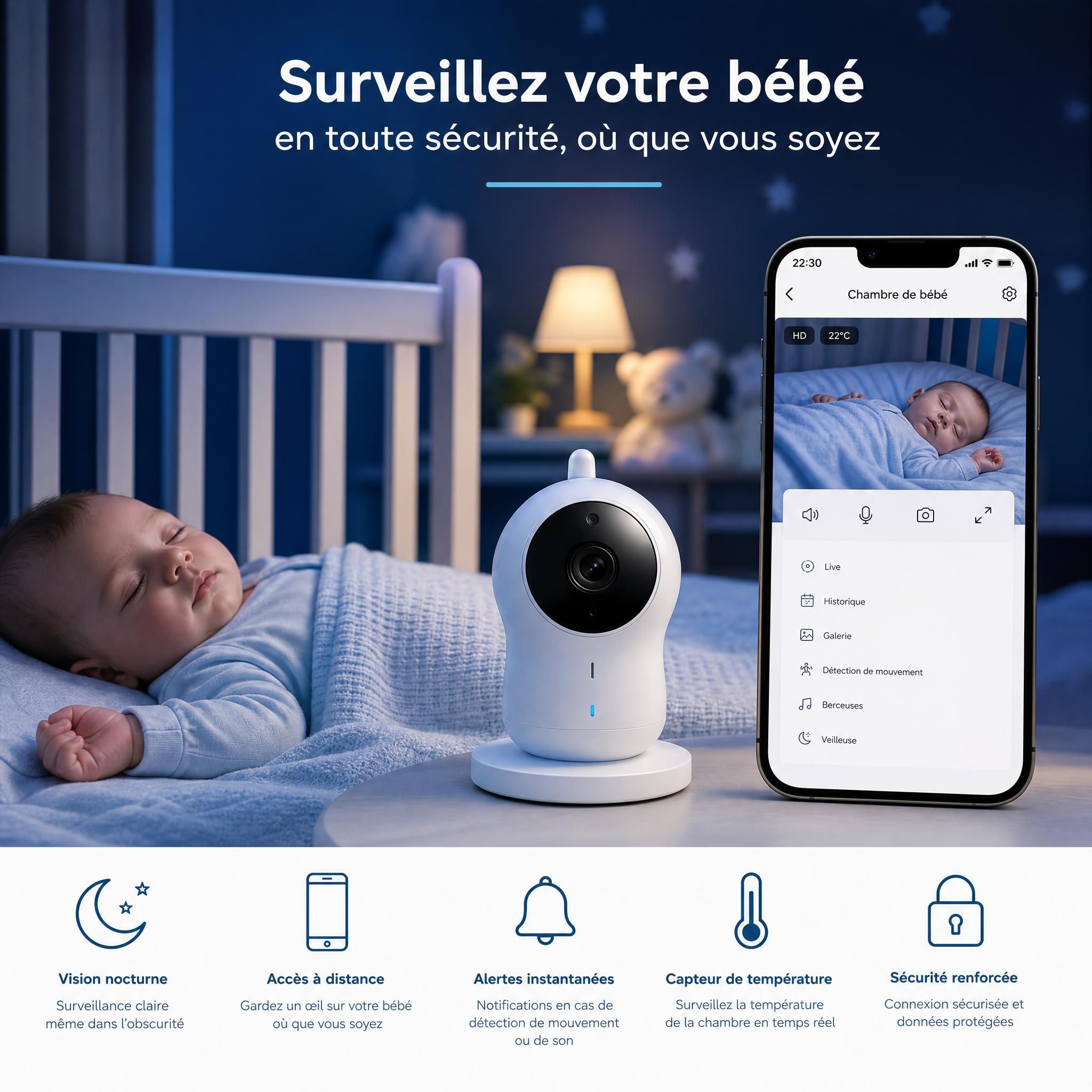 Moniteur bébé connecté avec application smartphone surveillance nuit sécurité