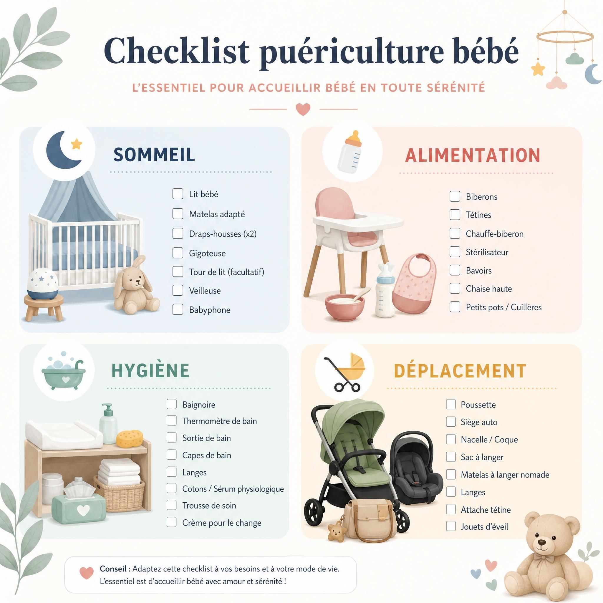 Checklist illustrée de la puériculture bébé avec les catégories sommeil, alimentation, hygiène et déplacement