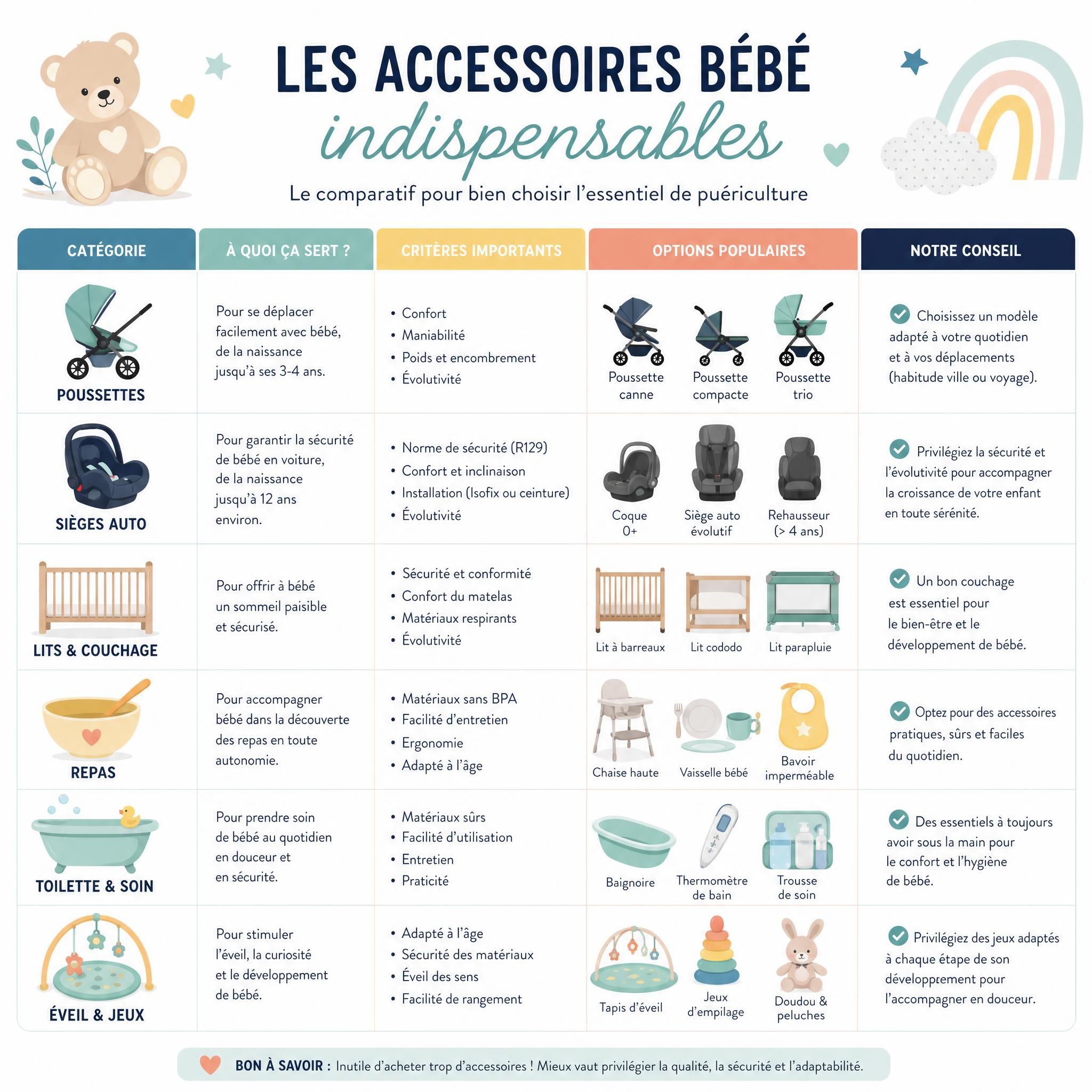 tableau comparatif accessoires bébé indispensables avec icônes colorées représentant chaque catégorie de puériculture