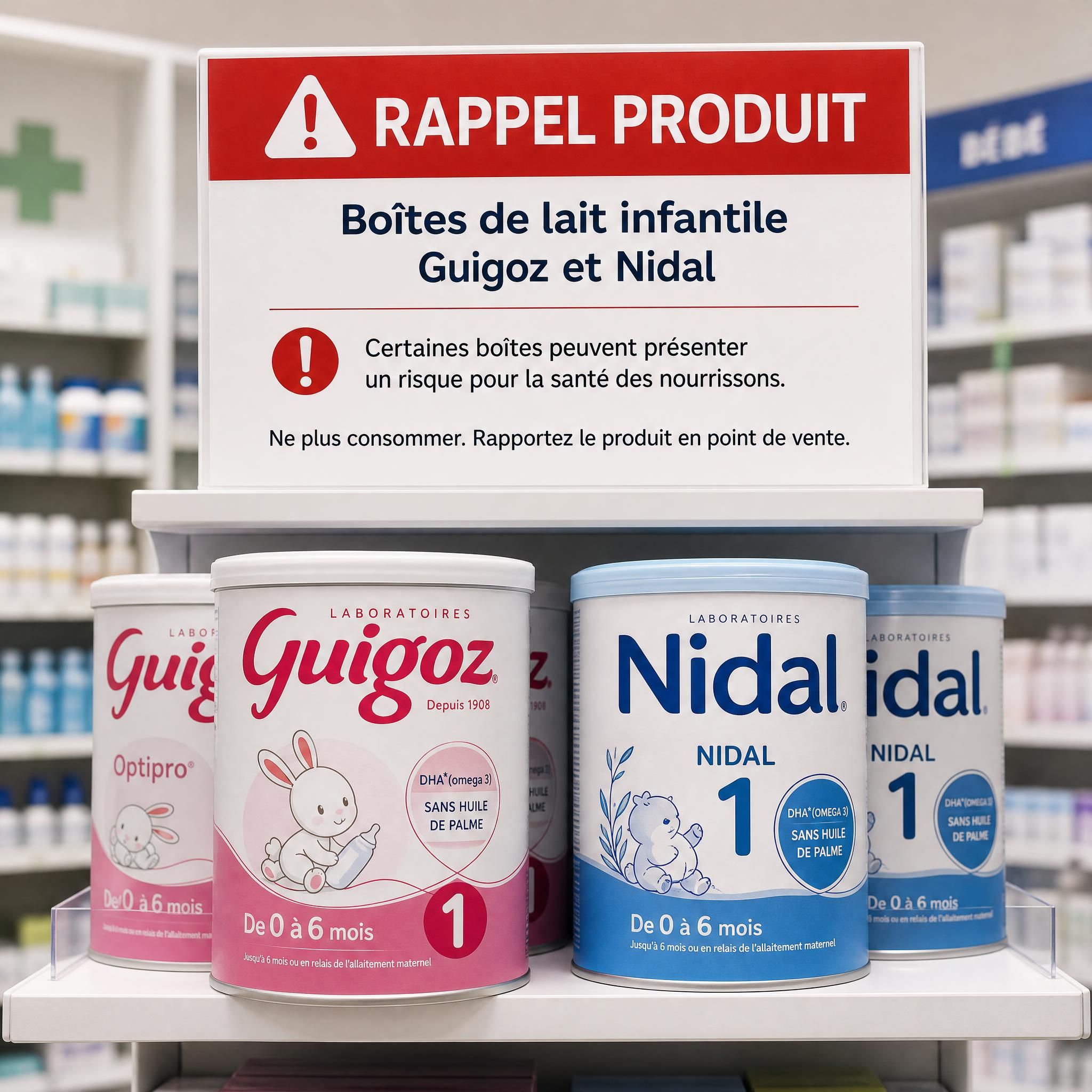 Boîtes de lait infantile Guigoz et Nidal sur une étagère de pharmacie avec panneau d'alerte rappel produit