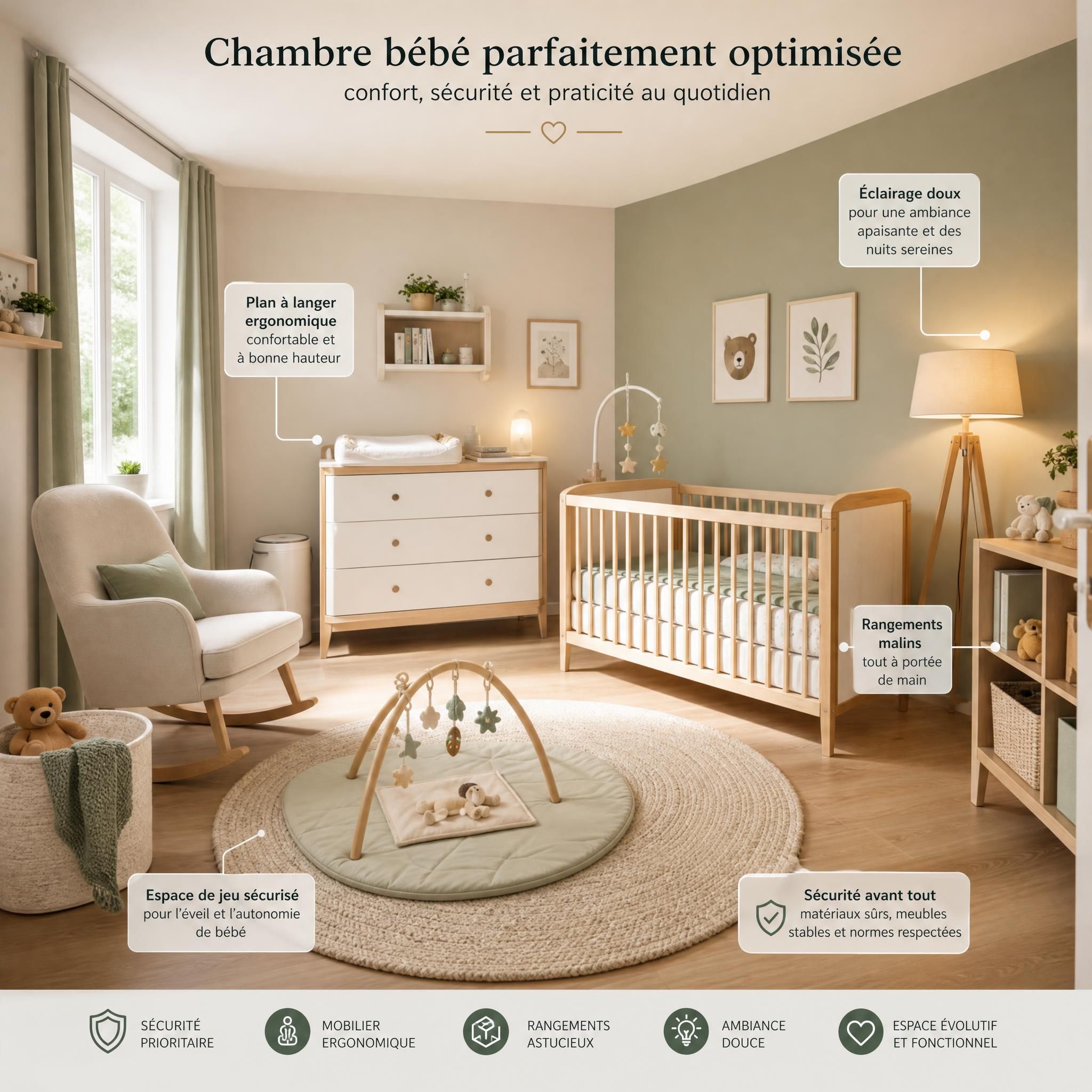 Chambre bébé parfaitement optimisée avec mobilier ergonomique, éclairage doux et aménagement sécurisé