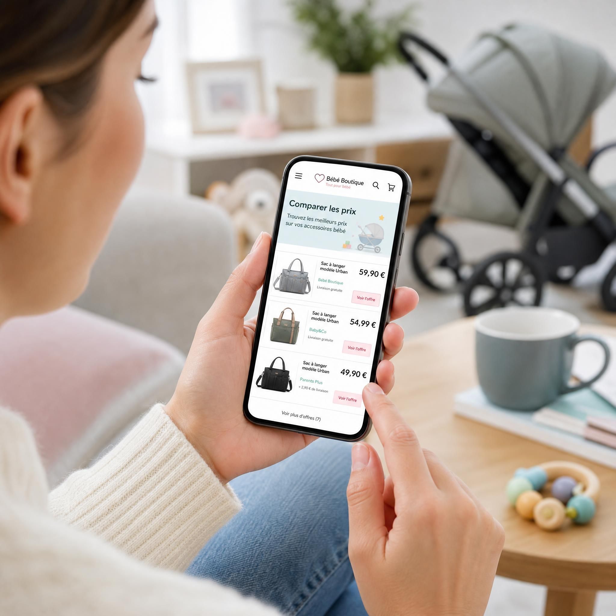 Parent utilisant un smartphone pour comparer les prix d'accessoires bébé sur une boutique en ligne spécialisée