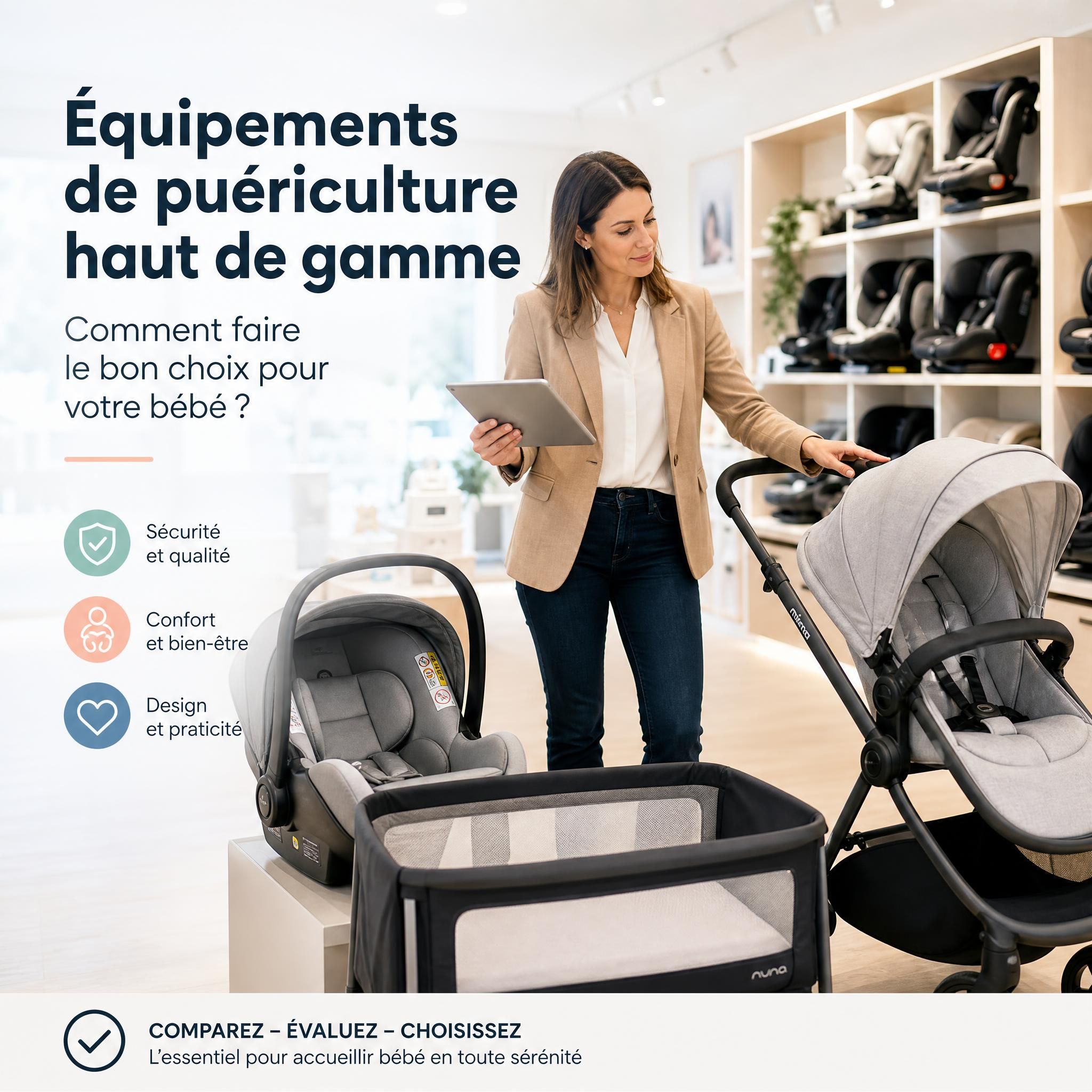 Parent expert comparant des équipements de puériculture haut de gamme pour bébé dans une boutique spécialisée