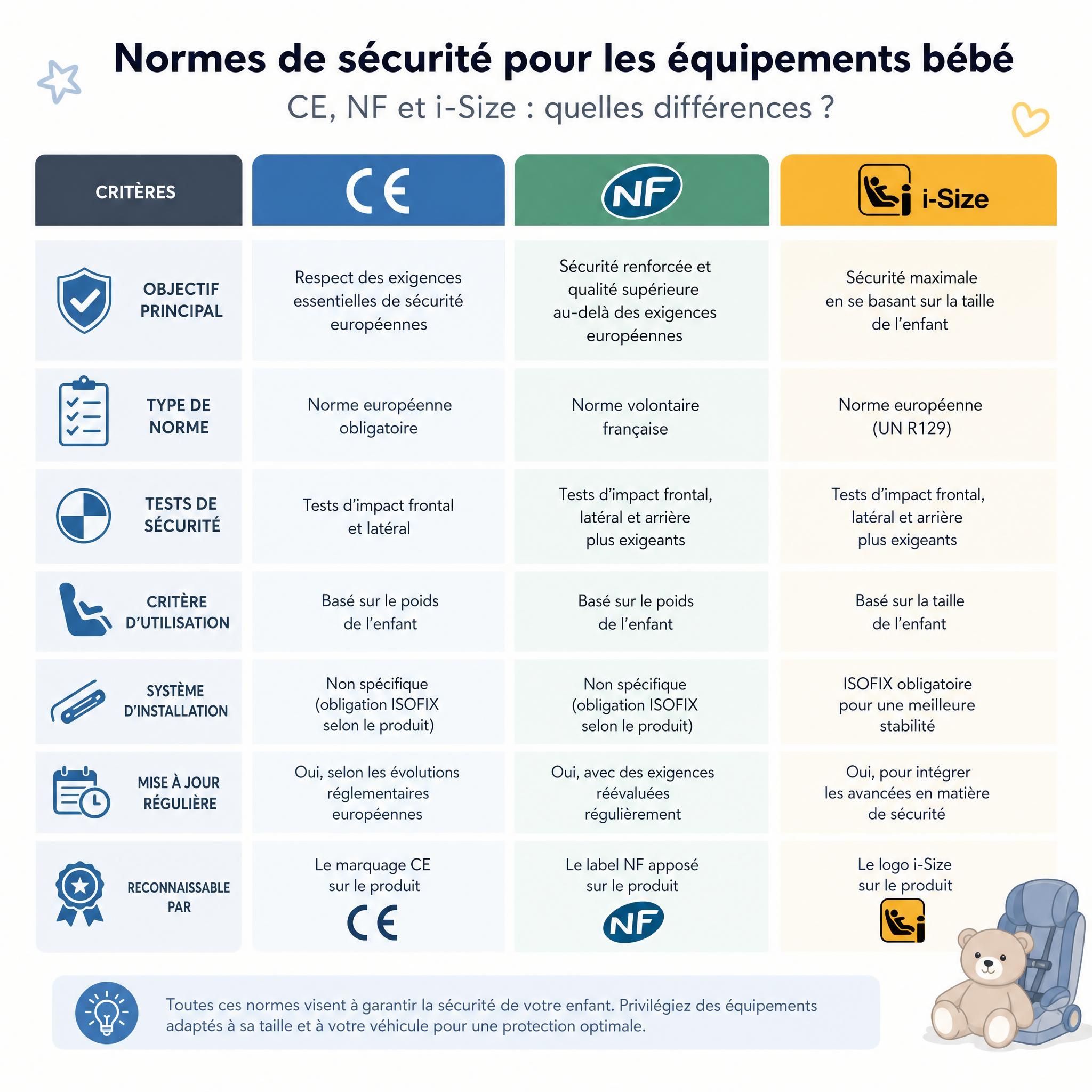 Tableau comparatif des normes de sécurité CE, NF et i-Size pour les équipements bébé