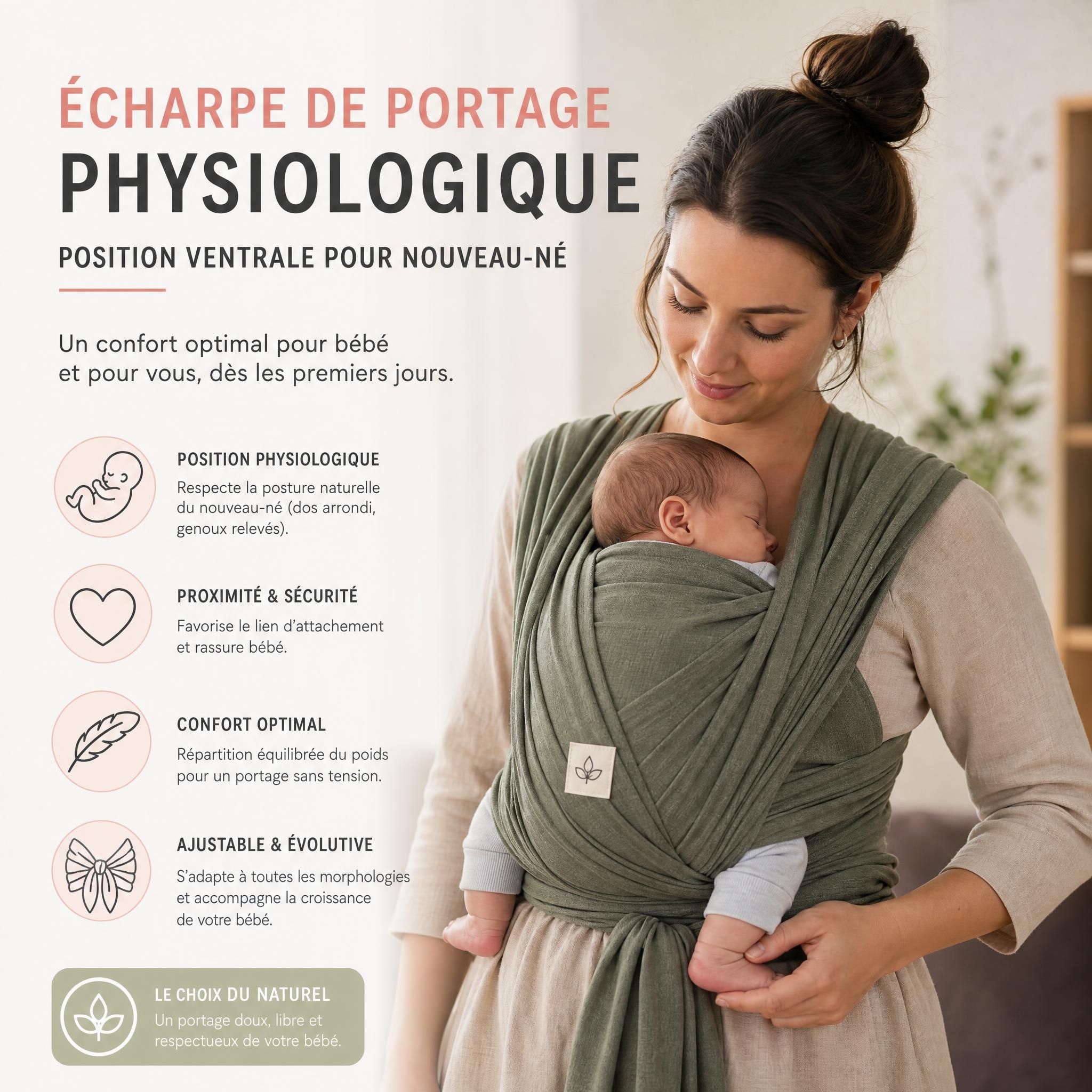 Écharpe de portage physiologique bébé nouveau-né position ventrale confort