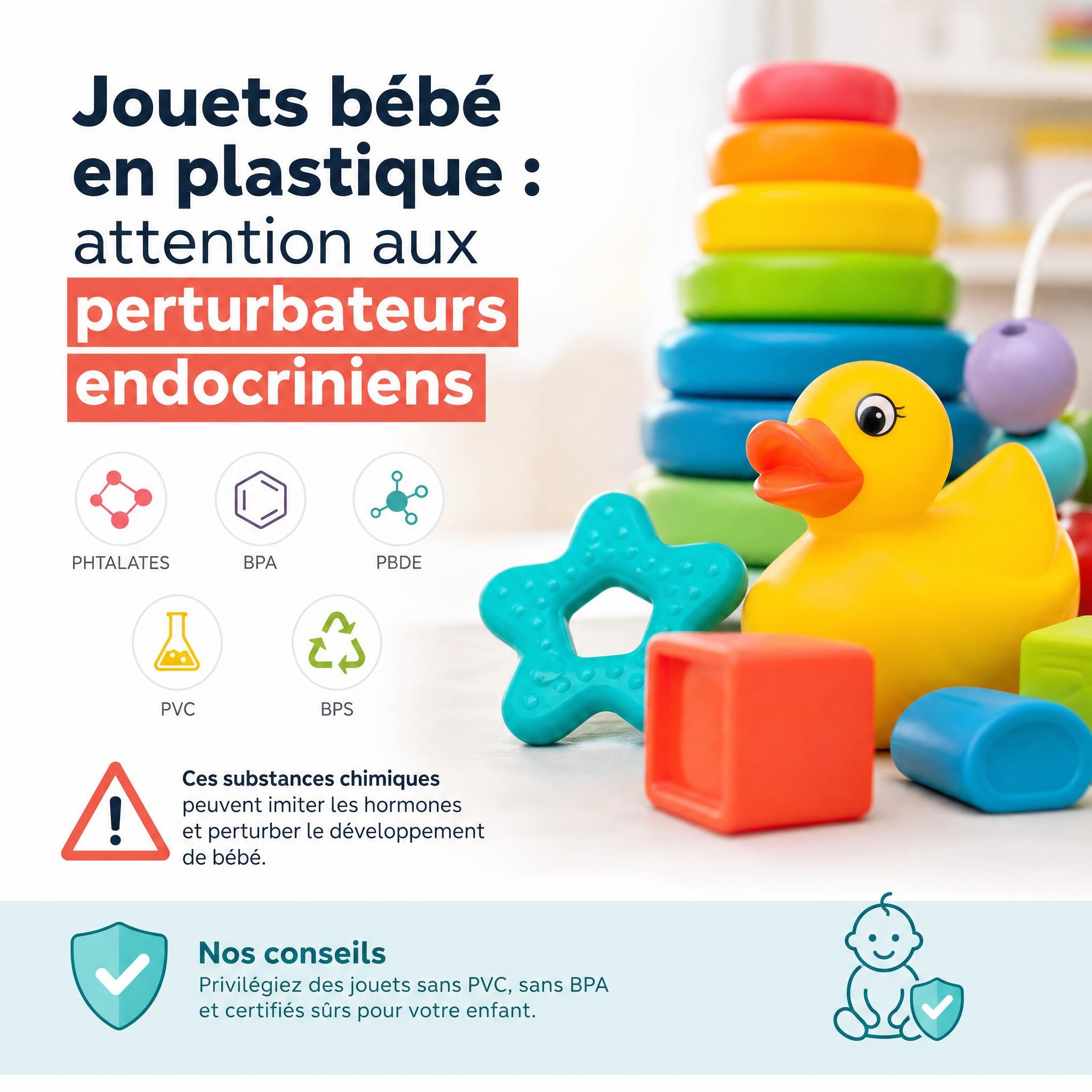 Jouets bébé en plastique coloré avec symboles de danger chimique illustrant les perturbateurs endocriniens