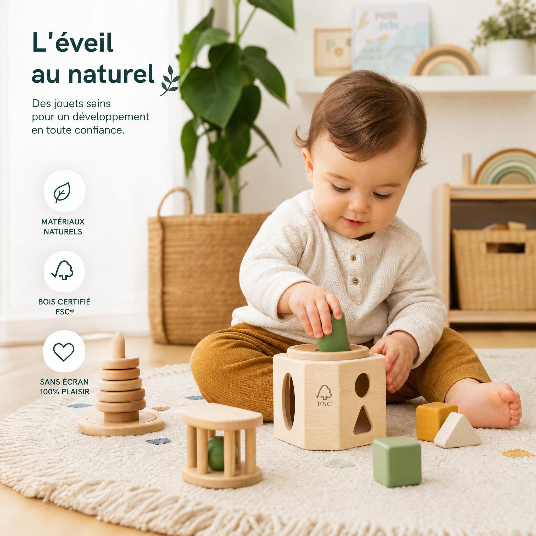 Bébé jouant avec des jouets d'éveil naturels en bois certifiés FSC sans écran, dans un environnement sain et stimulant