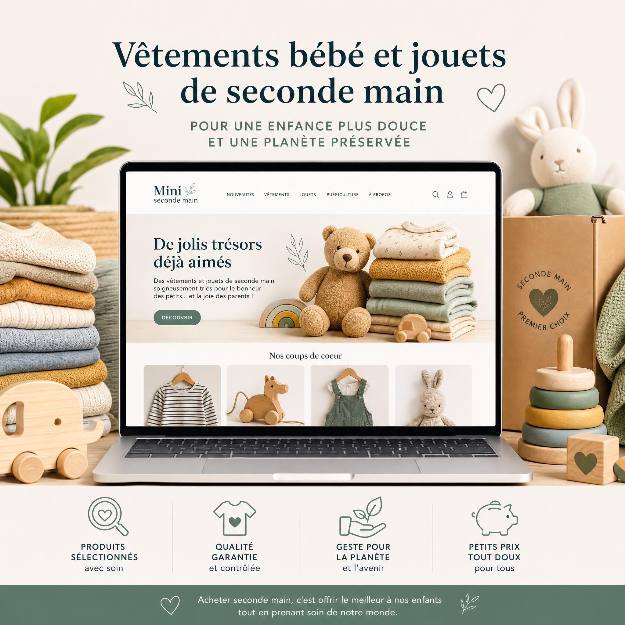 Vêtements bébé et jouets de seconde main soigneusement triés et présentés sur une boutique en ligne responsable