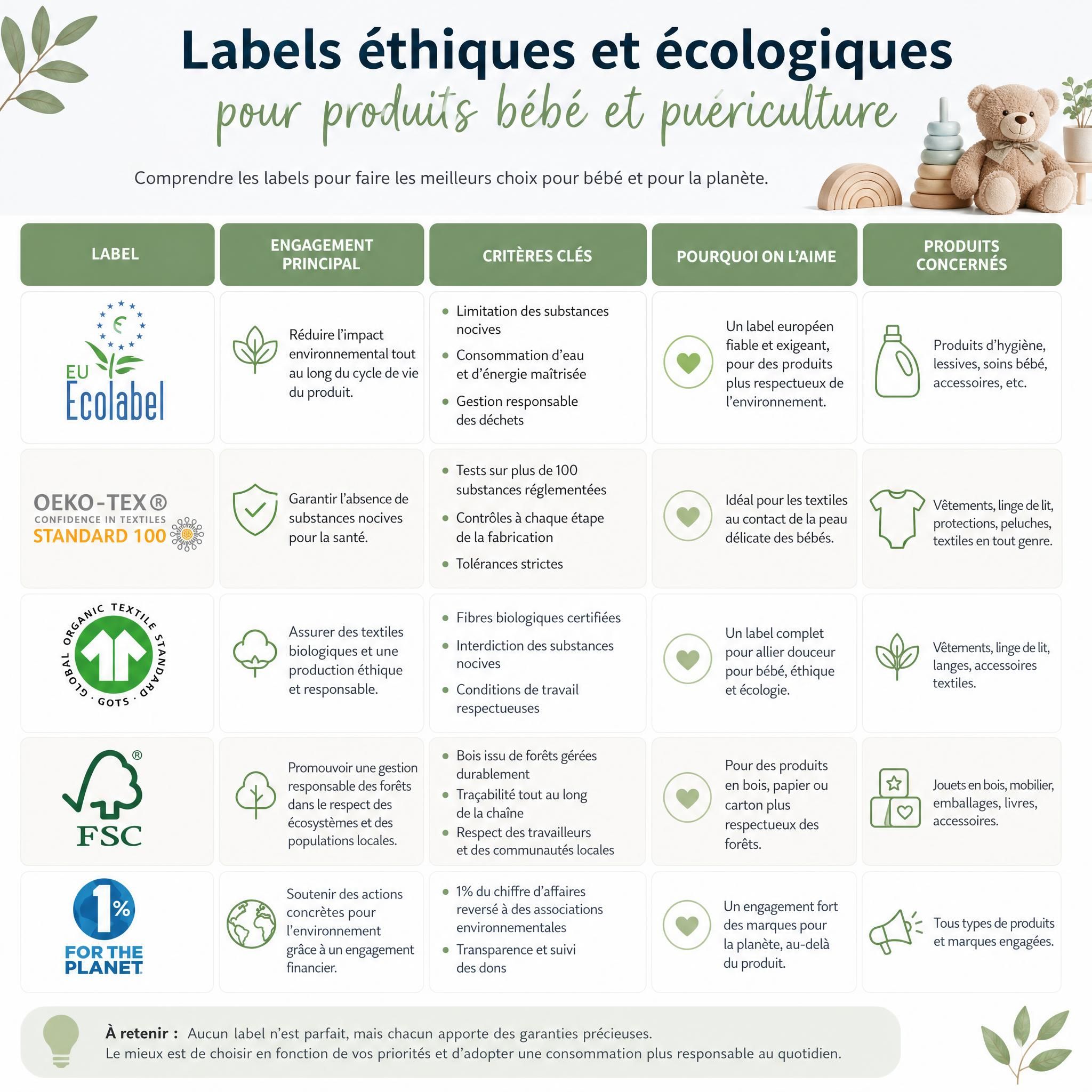 Tableau comparatif des labels éthiques et écologiques pour produits bébé et puériculture