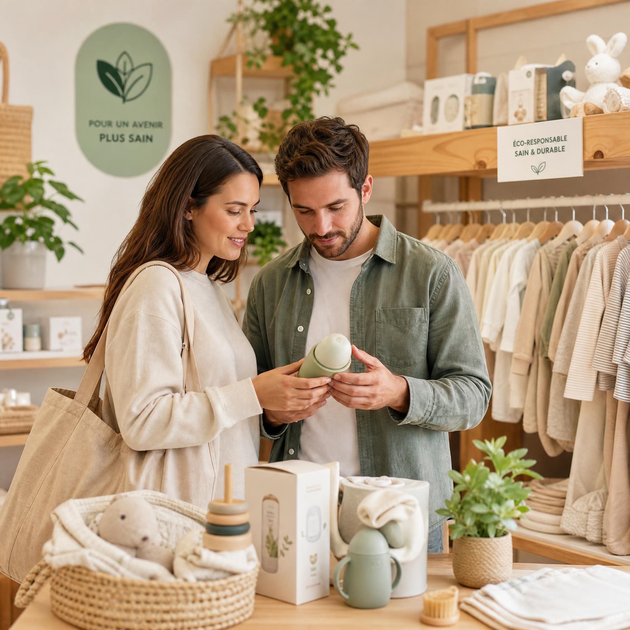 Parents conscients examinant des produits de puériculture éco-responsables dans une boutique bébé éthique