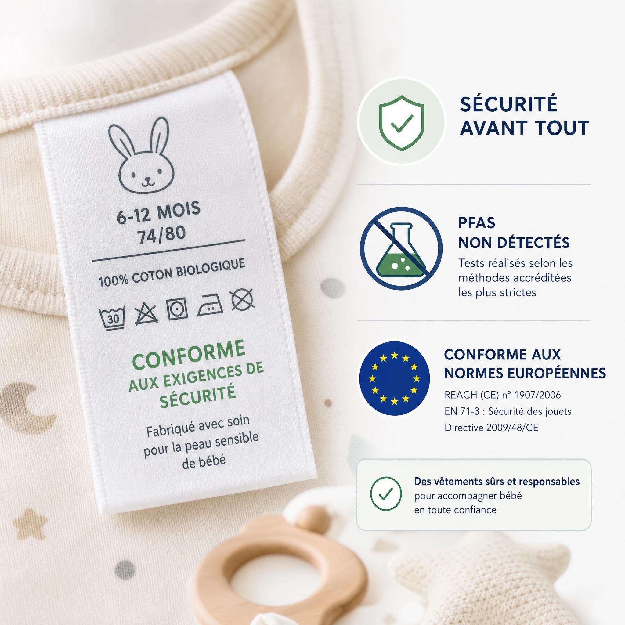 Étiquette de vêtement bébé avec vérification de conformité sécurité PFAS et normes européennes