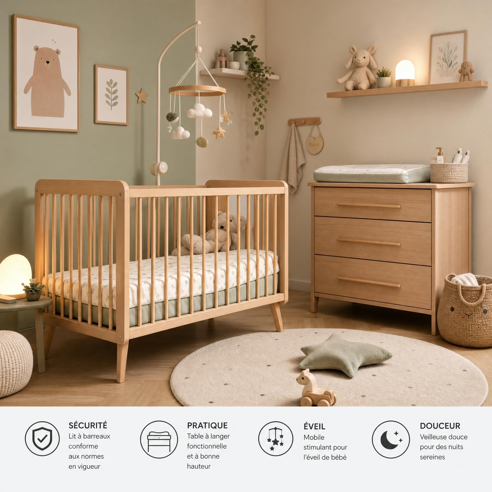 Chambre bébé sécurisée et décorée - lit à barreaux aux normes, table à langer, mobile et veilleuse douce