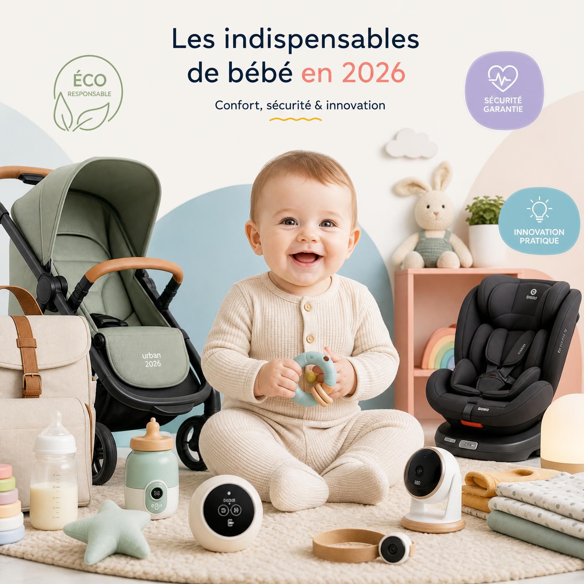 Bébé souriant entouré d'accessoires de puériculture modernes et colorés en 2026