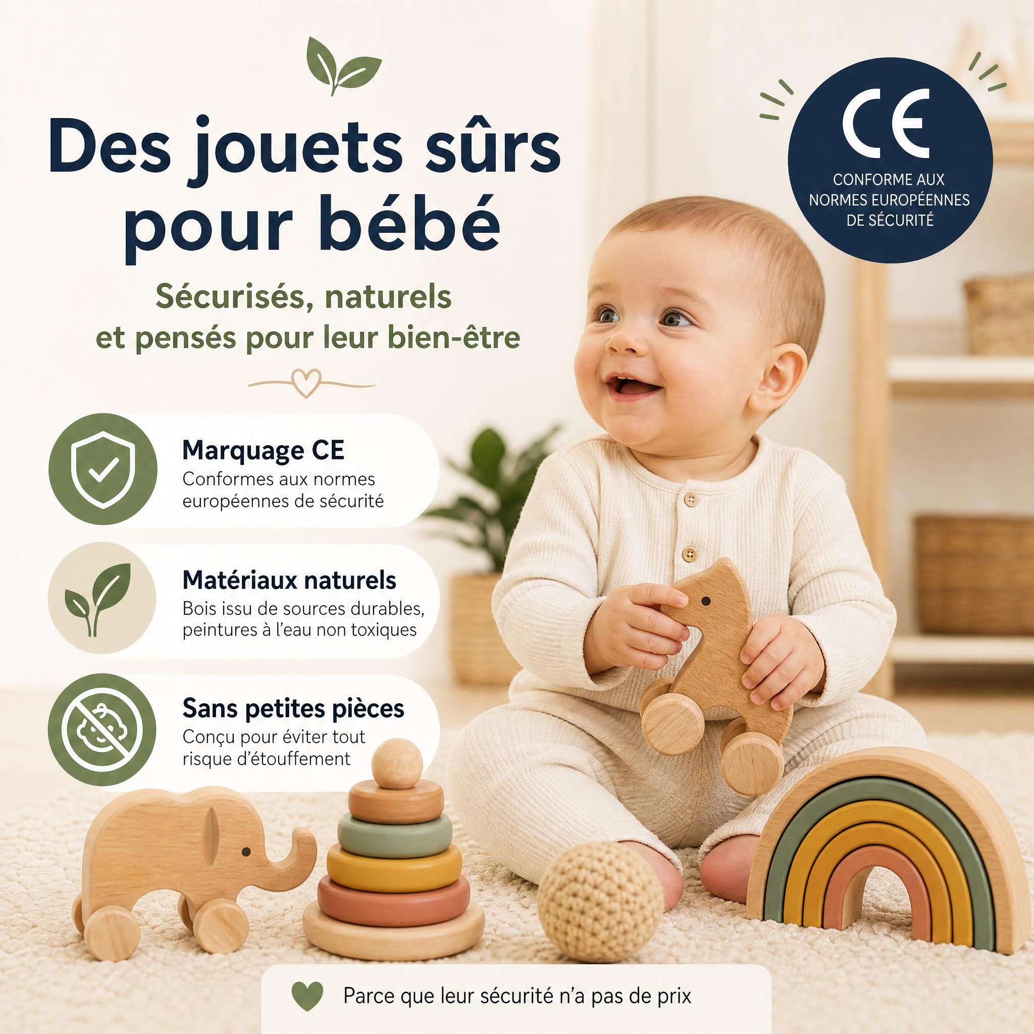 Jouets bébé sécurisés avec marquage CE, matériaux naturels et sans petites pièces - sécurité bébé