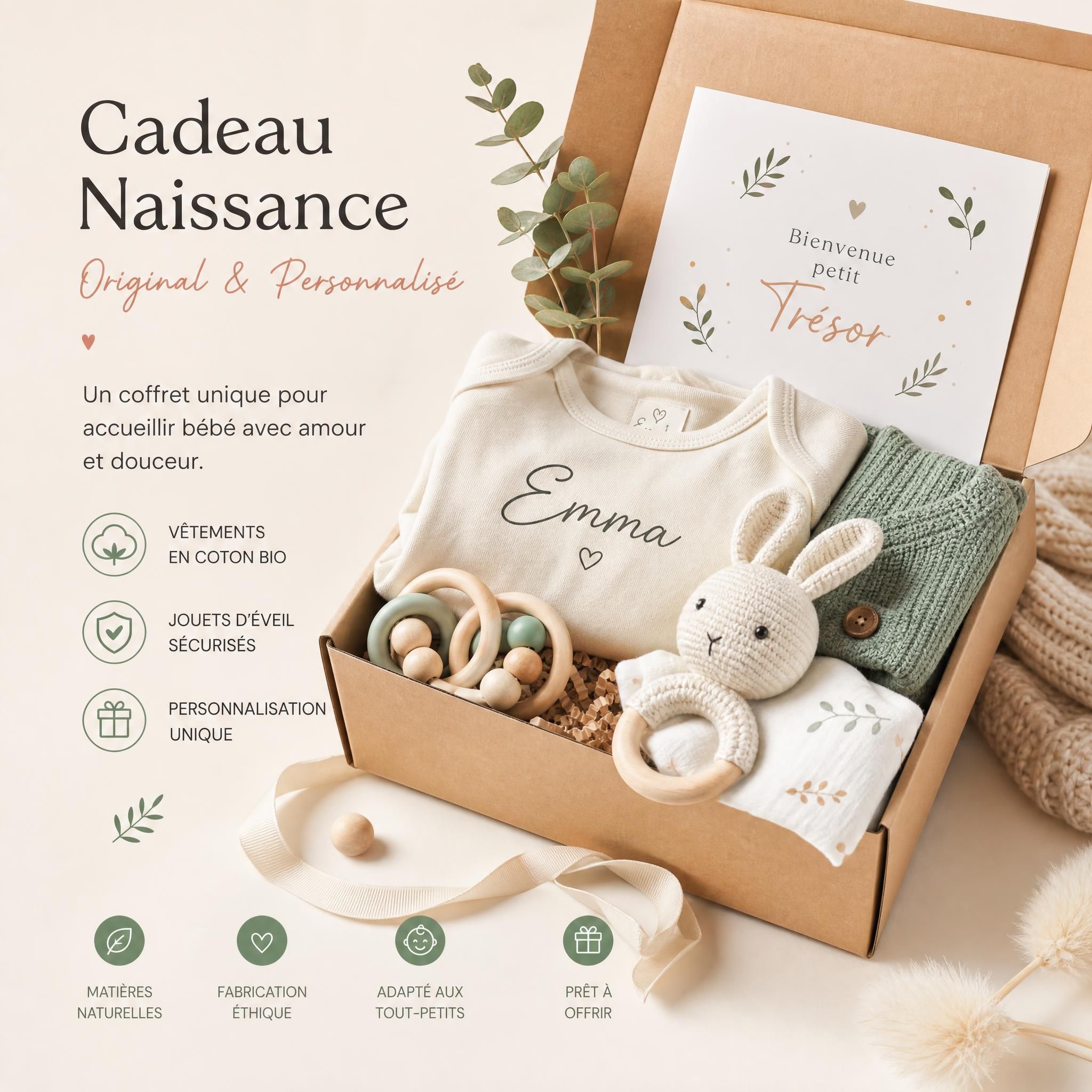 Cadeau naissance original et personnalisé - coffret bébé avec vêtements en coton bio et jouets d'éveil sécurisés