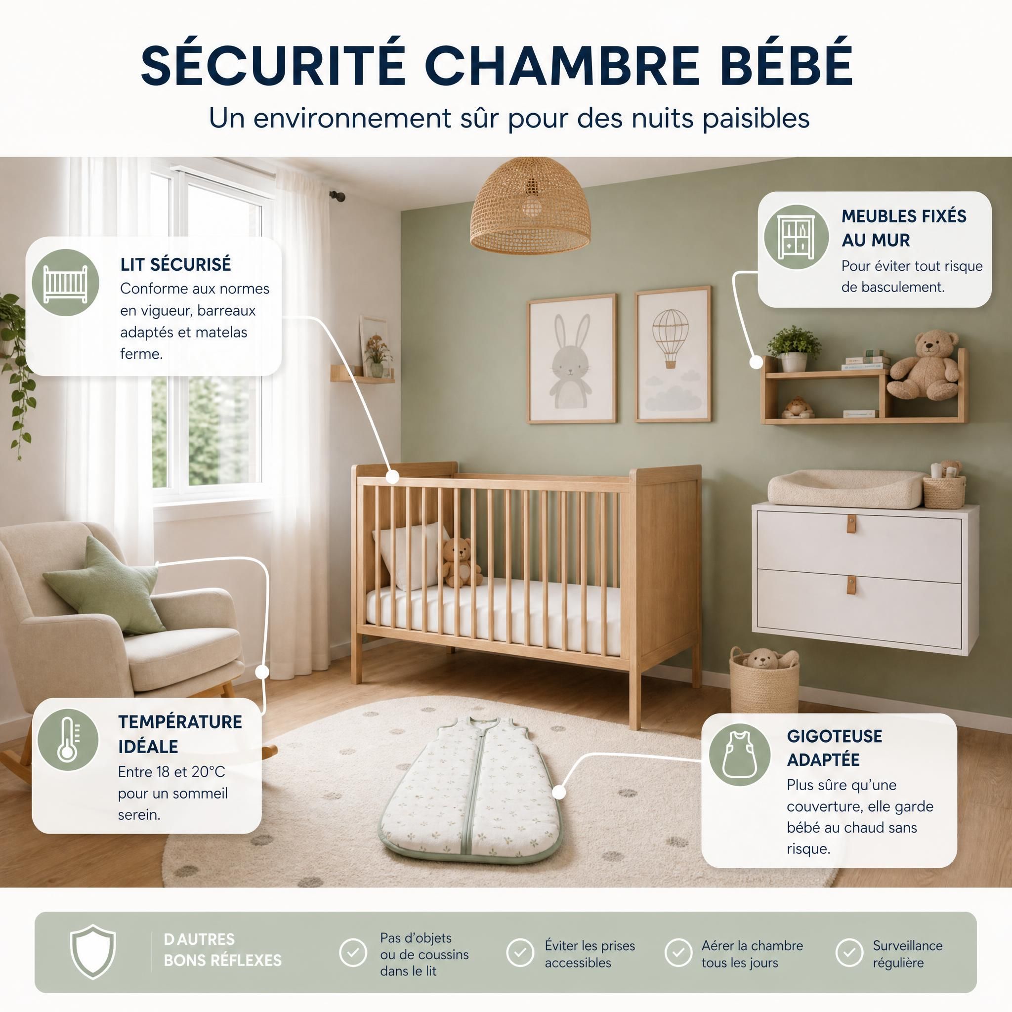 Chambre bébé bien aménagée avec lit sécurisé, gigoteuse et meubles fixés au mur - sécurité chambre bébé