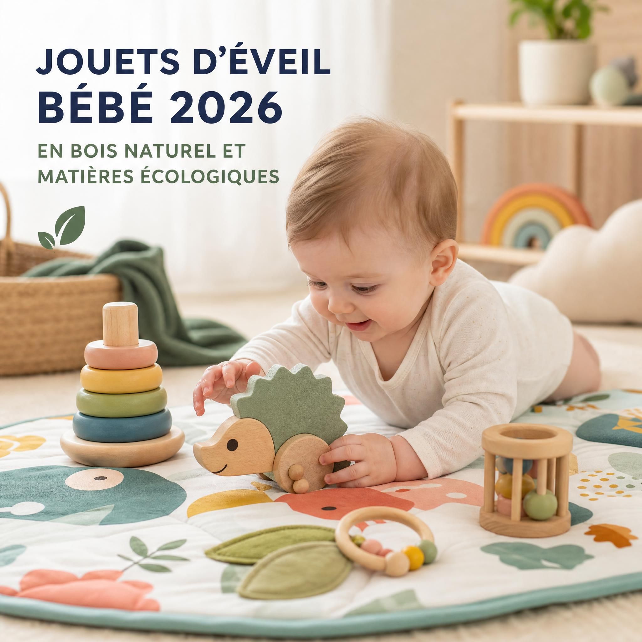 Jouets d'éveil bébé 2026 en bois naturel et matières écologiques sur tapis d'éveil coloré