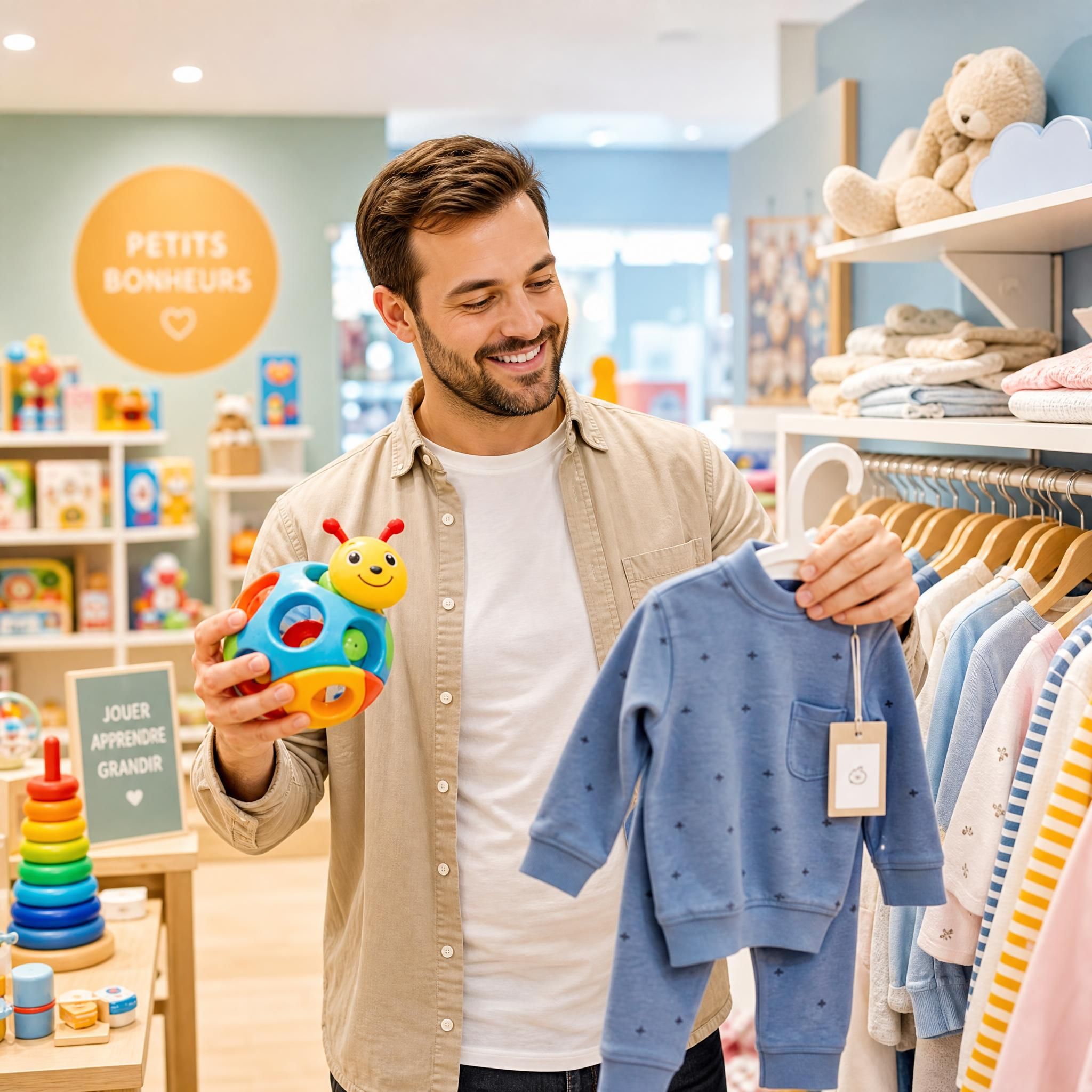 Parent heureux comparant des jouets bébé colorés et des vêtements enfant dans une boutique lumineuse