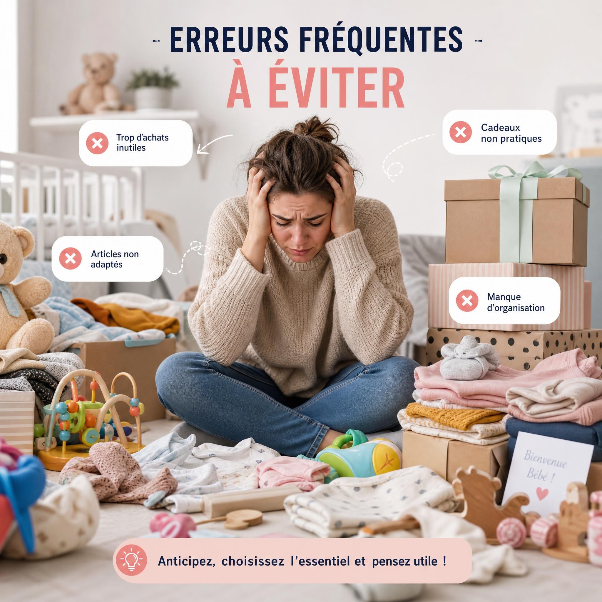 Parent stressé entouré de jouets bébé, vêtements enfant et boîtes cadeaux naissance - erreurs fréquentes à éviter
