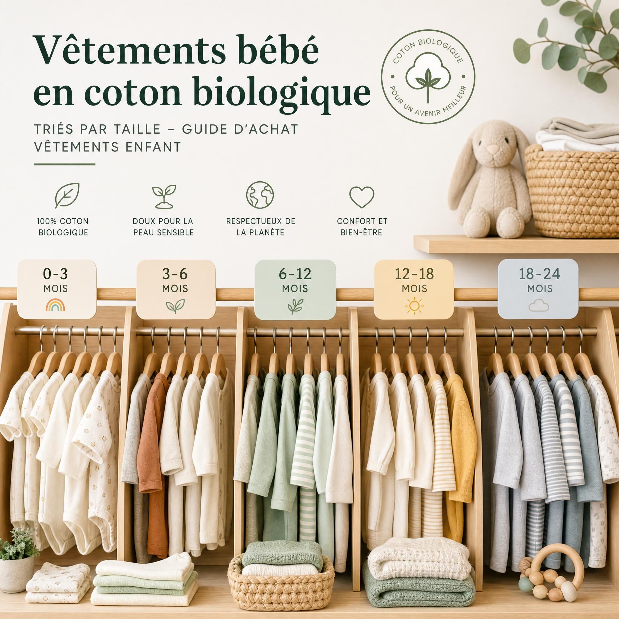 Vêtements bébé en coton biologique triés par taille - guide achat vêtements enfant