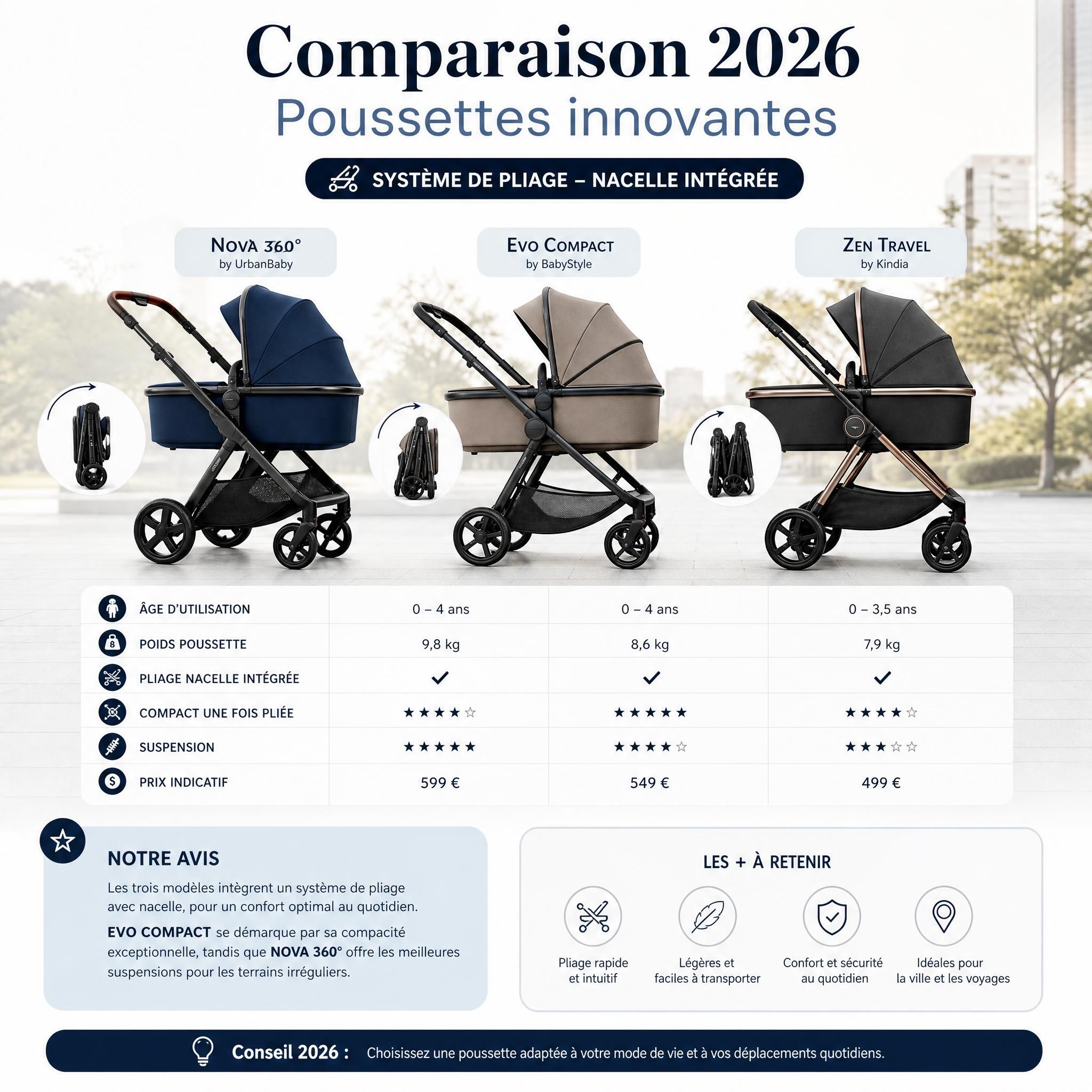 Comparaison de poussettes innovantes 2026 avec système de pliage nacelle intégrée