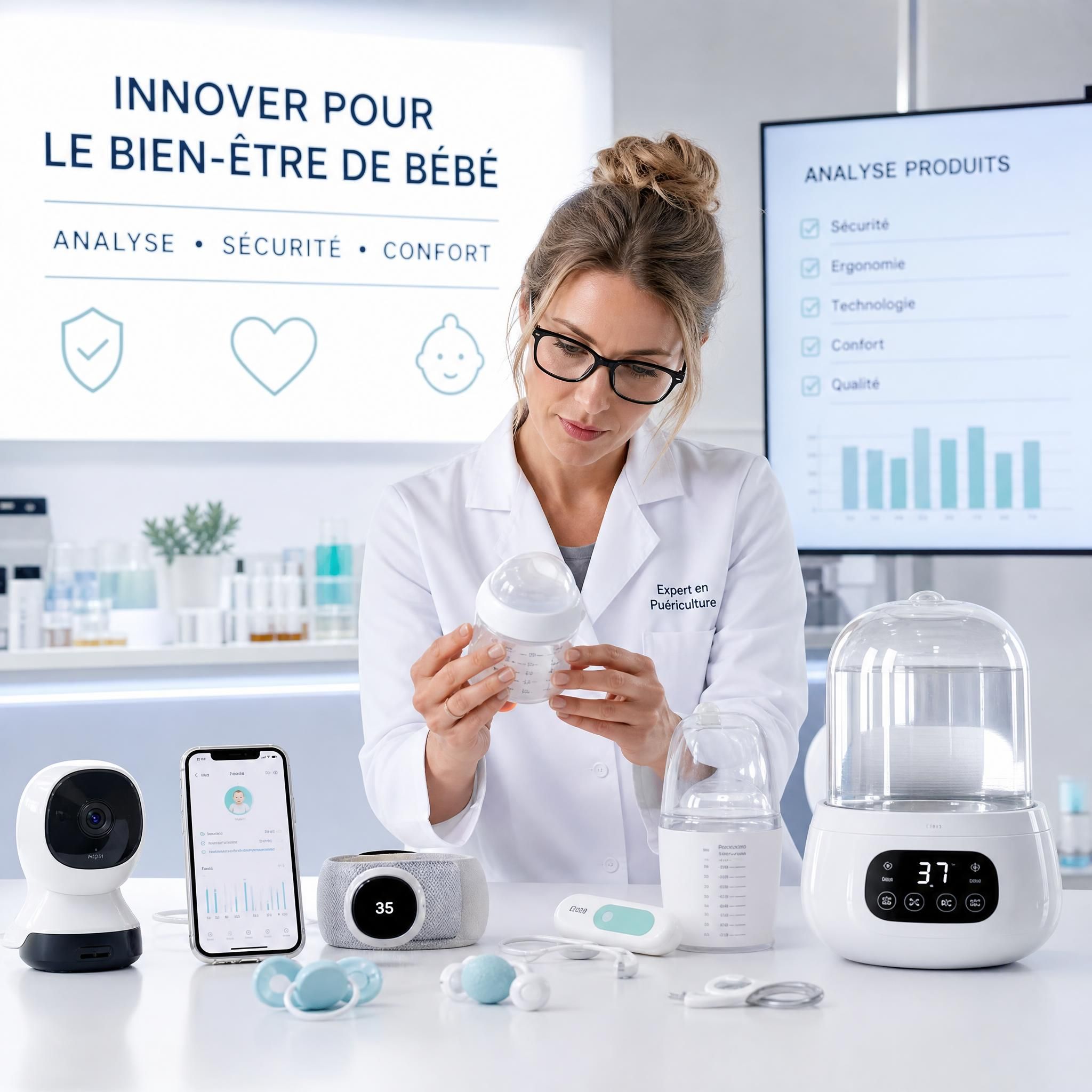 Expert en puériculture analysant des produits bébé innovants dans un laboratoire moderne, accessoires bébé high-tech en avant-plan