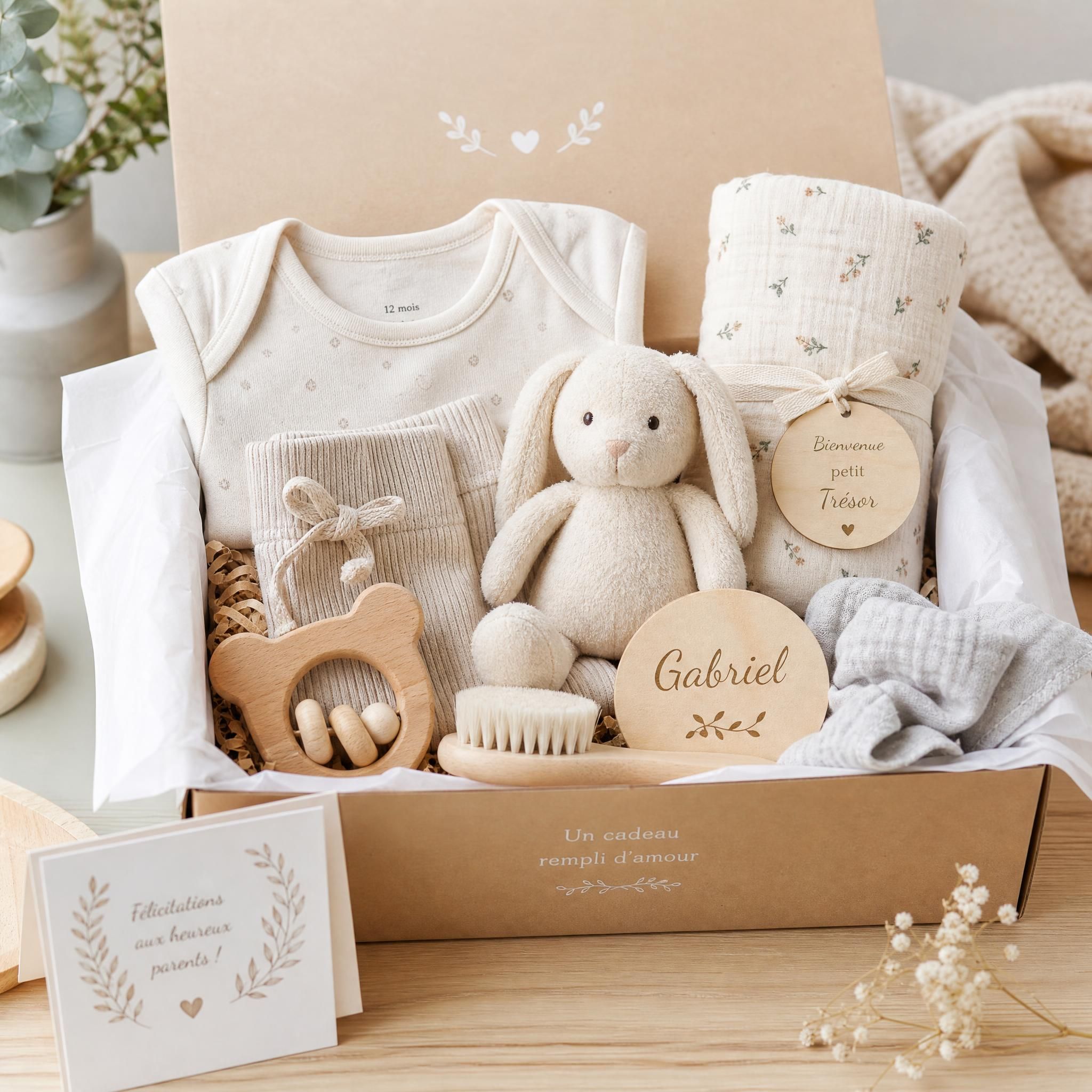 Beau coffret cadeau naissance avec vêtements bébé, jouets en bois et accessoires personnalisés