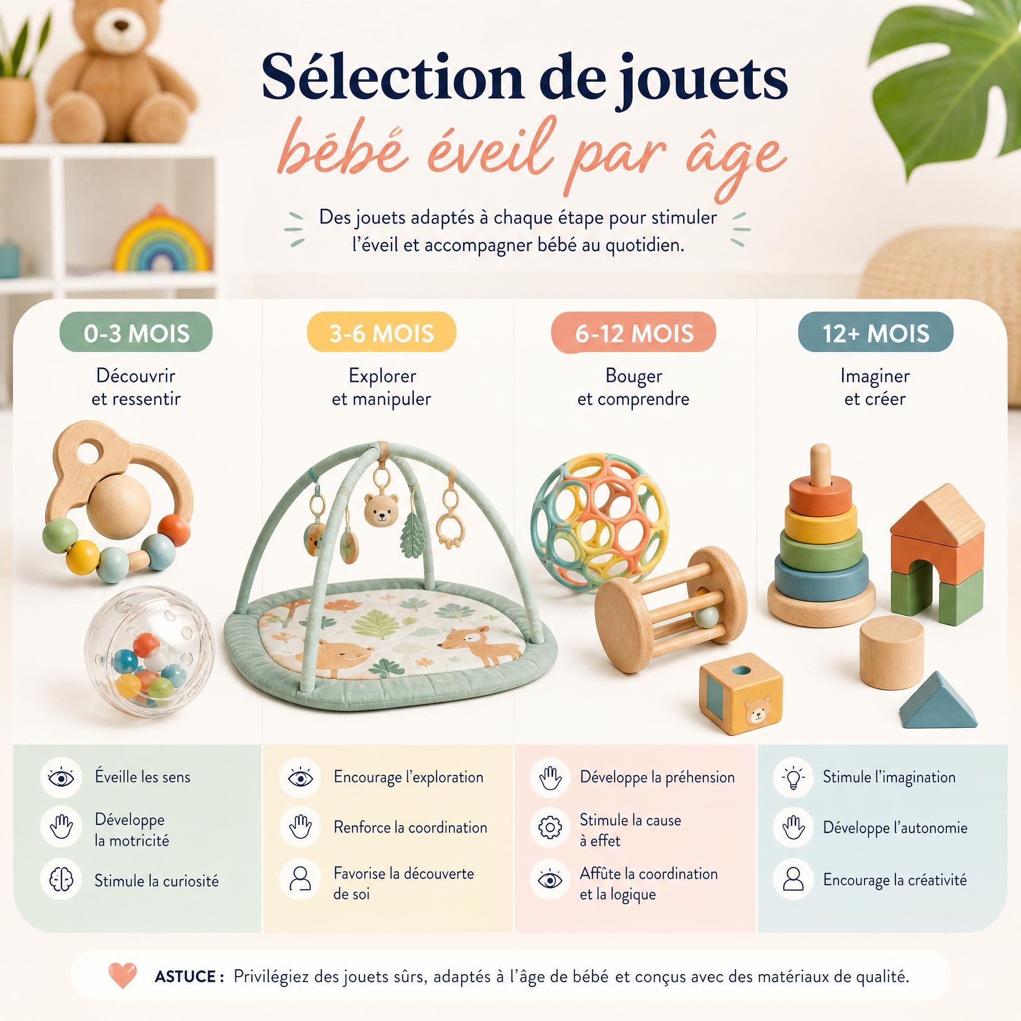 Sélection de jouets bébé éveil par âge - hochet, tapis d'éveil, balle sensorielle et jouets en bois