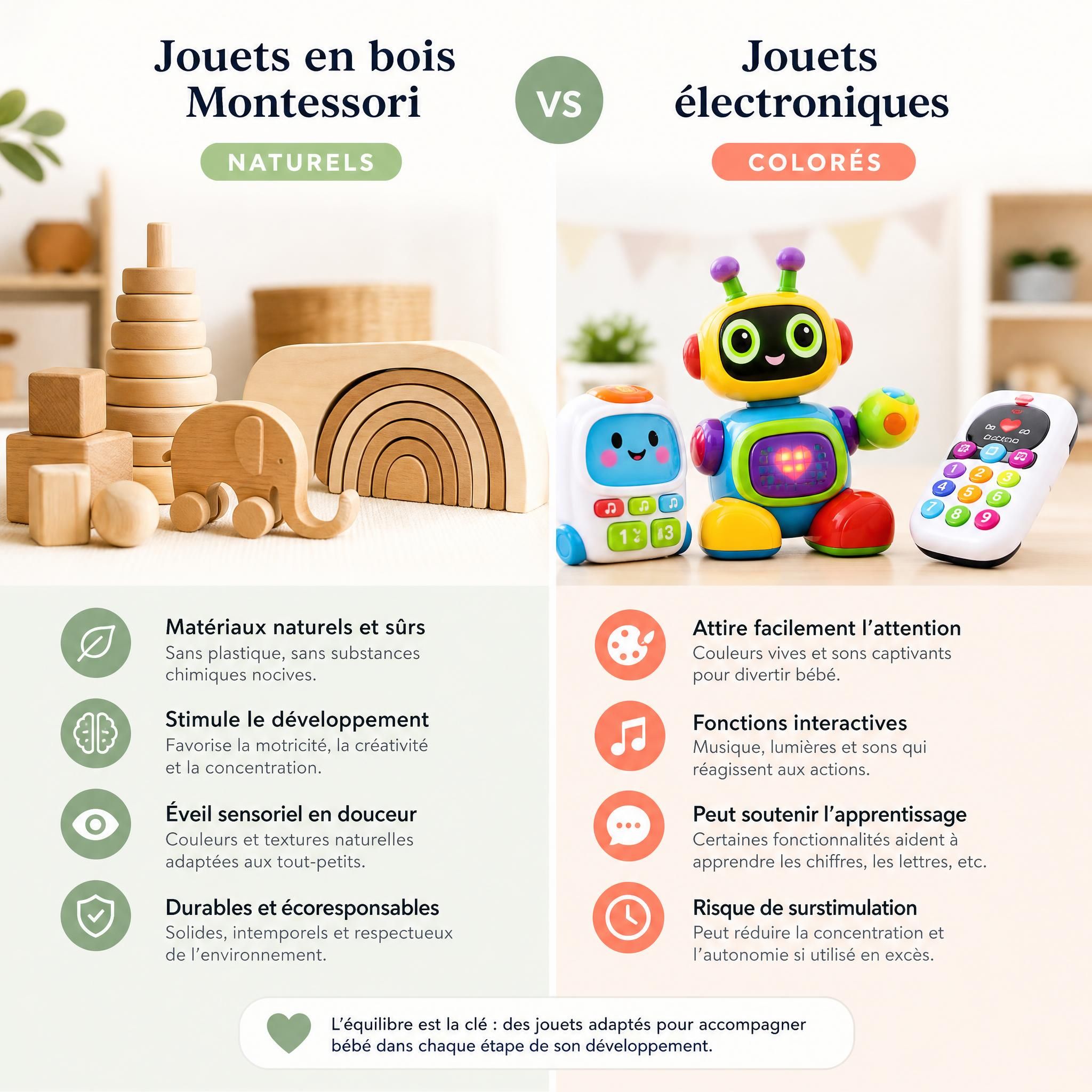 Comparaison entre jouets en bois Montessori naturels et jouets électroniques colorés pour bébé
