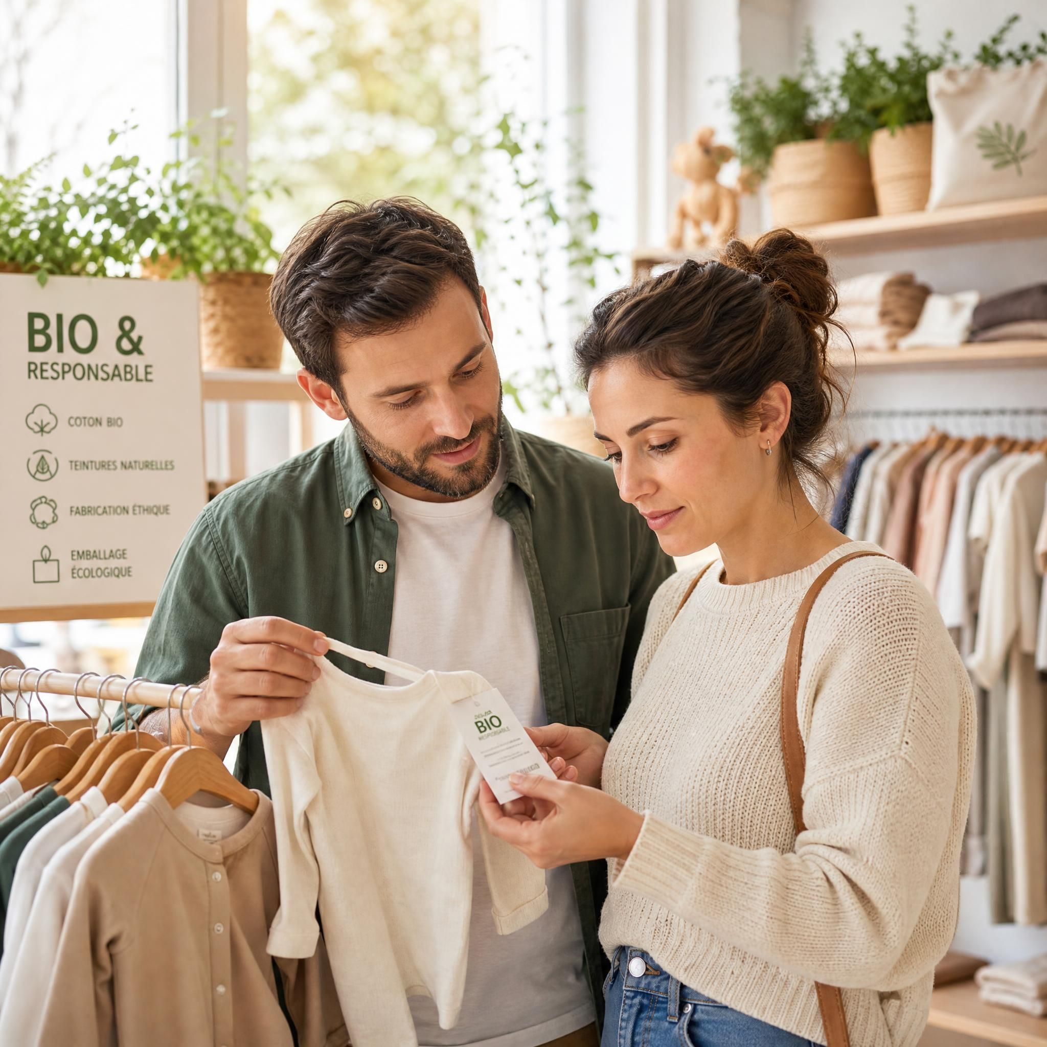 Parents conscients examinant l'étiquette d'un vêtement bébé bio dans une boutique éco-responsable, lumière naturelle chaleureuse