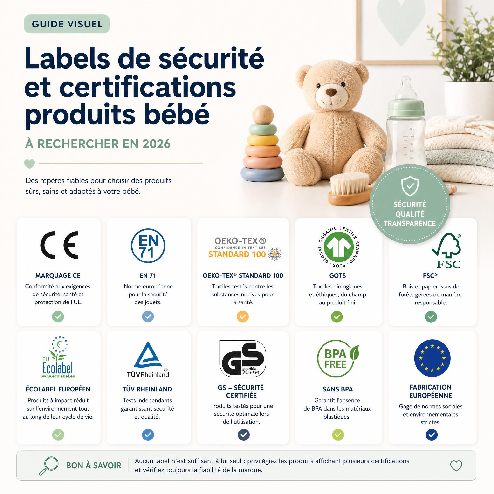 Guide visuel des labels de sécurité et certifications produits bébé à rechercher en 2026