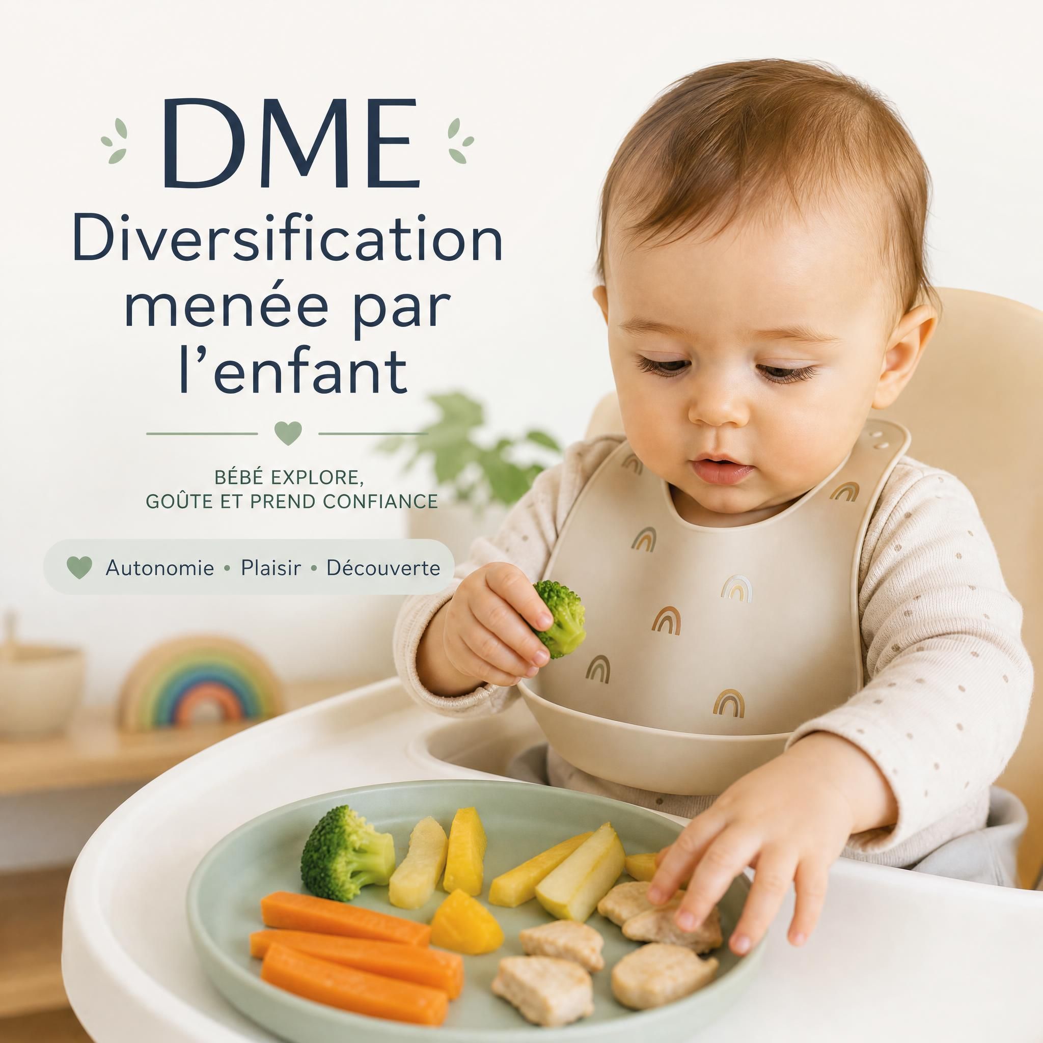 Bébé explorant des aliments en morceaux avec les mains - méthode DME diversification menée par l'enfant