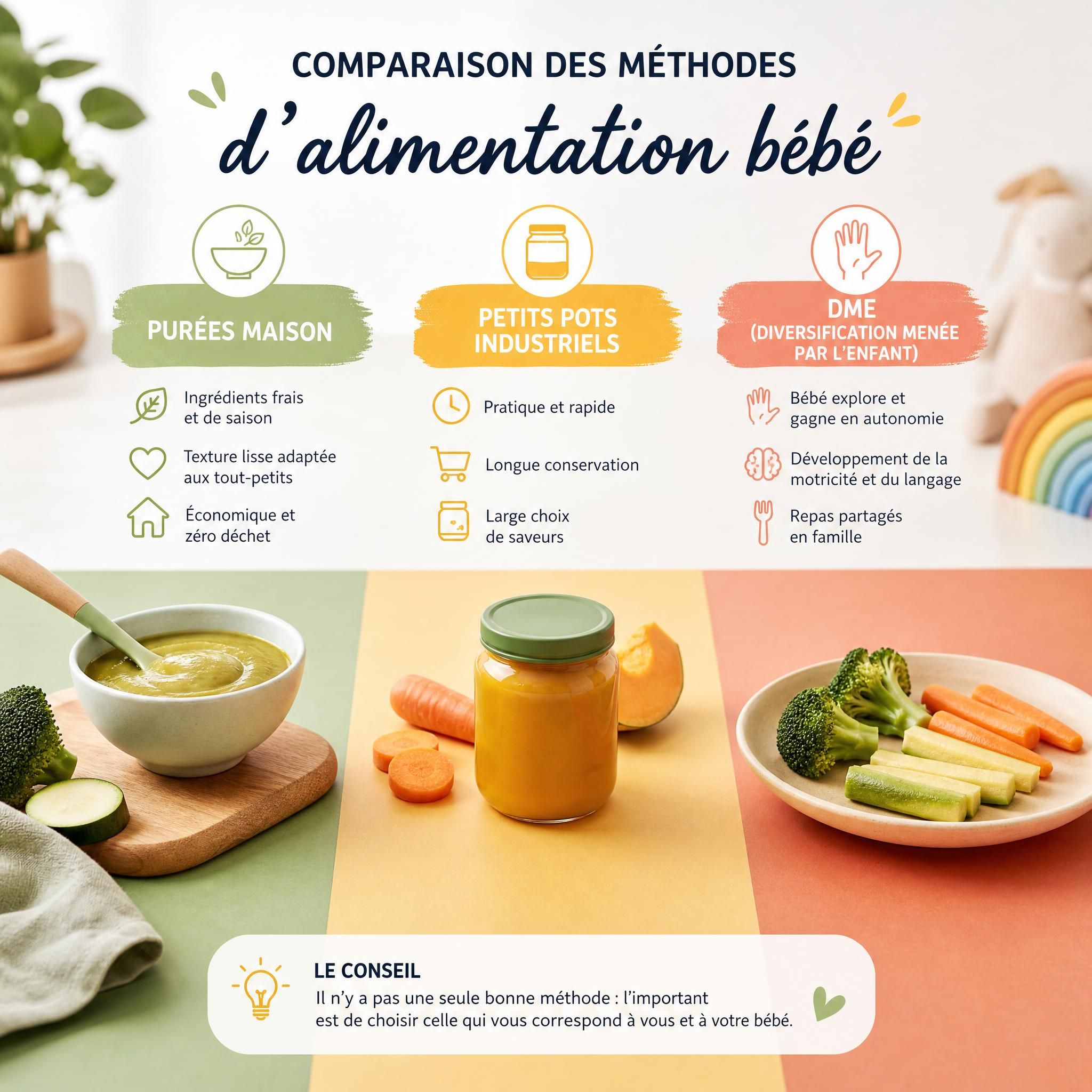 Comparaison méthodes alimentation bébé - purées maison, petits pots industriels et DME sur une table colorée