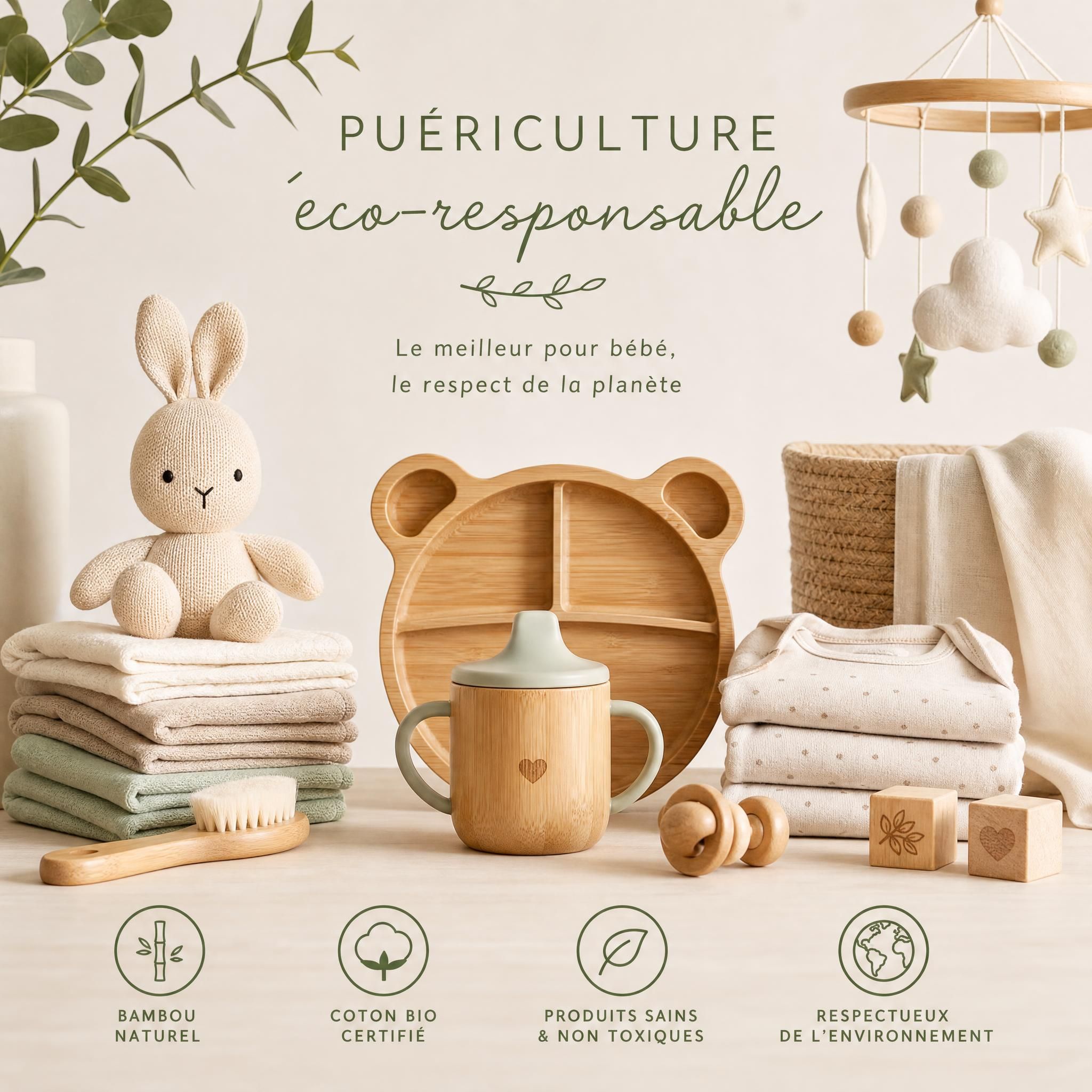 Sélection de produits puériculture éco-responsables en bambou et coton bio, couleurs naturelles douces, ambiance minimaliste et apaisante