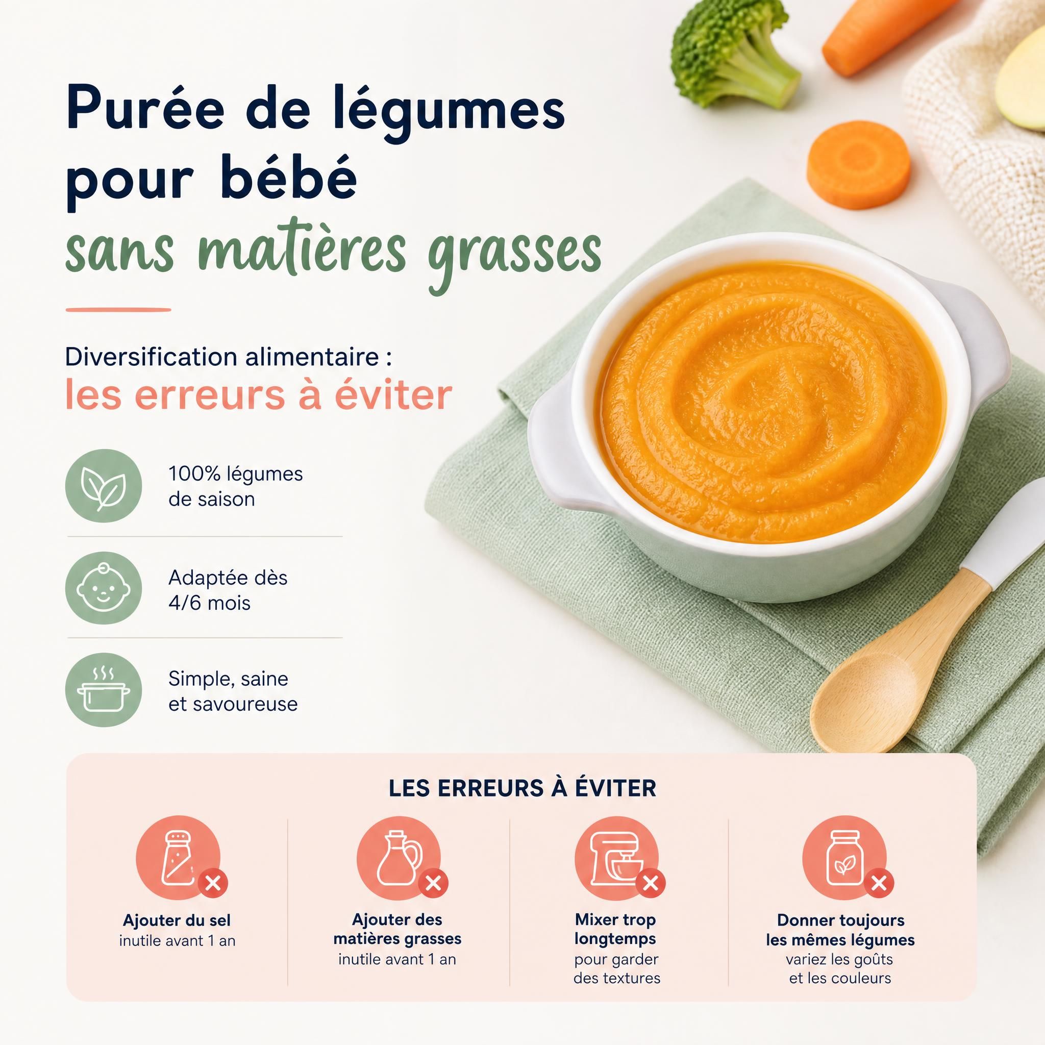 Purée de légumes pour bébé sans matières grasses, diversification alimentaire erreurs à éviter