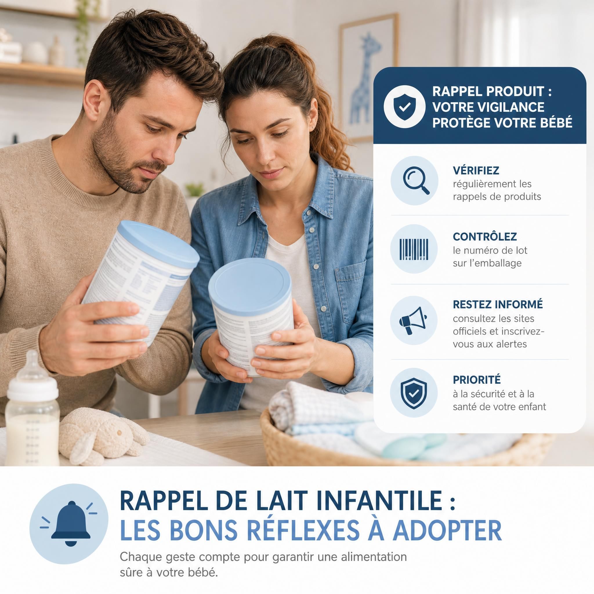 Parents vérifiant les étiquettes de lait infantile, sécurité alimentation bébé rappel produits